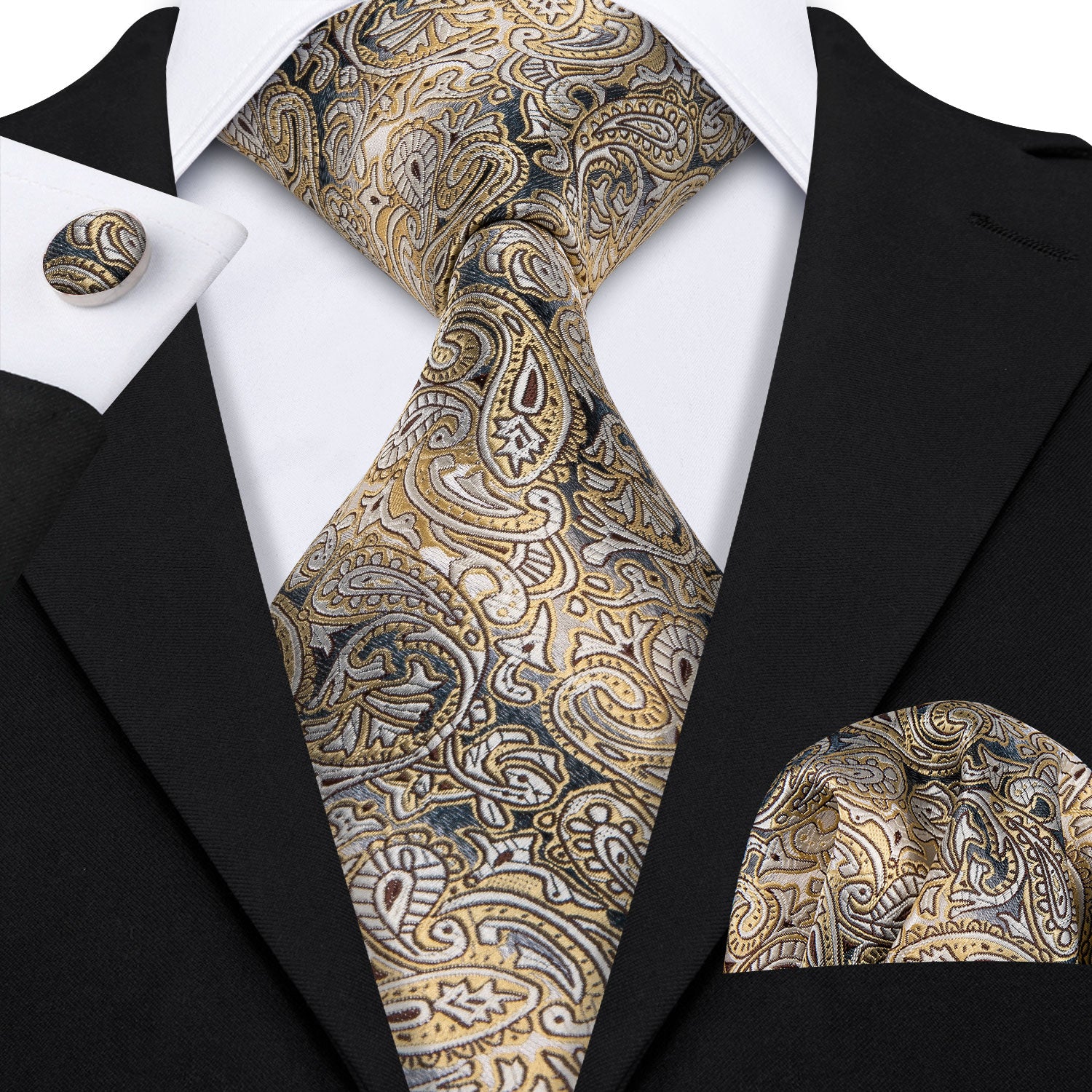 Men Necktie Yellow Grey Paisley Tie Pocket Square Cufflinks Set