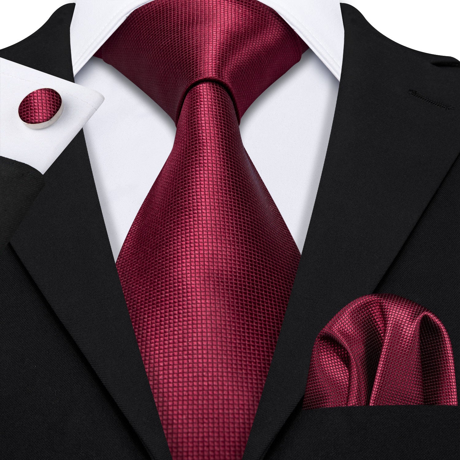 Hi-Tie Burgundy Tie Men's Plaid Necktie Pocket Square Cufflinks Set Hi-Tie Burgundy Tie Men's Plaid Necktie Pocket Square Cufflinks Set