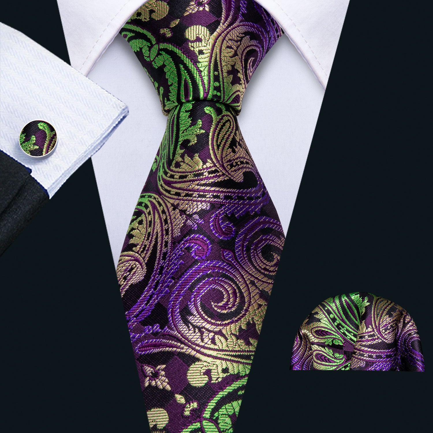 Colorful Men's Jacquard Paisley Tie Pocket Square Cufflinks Set
