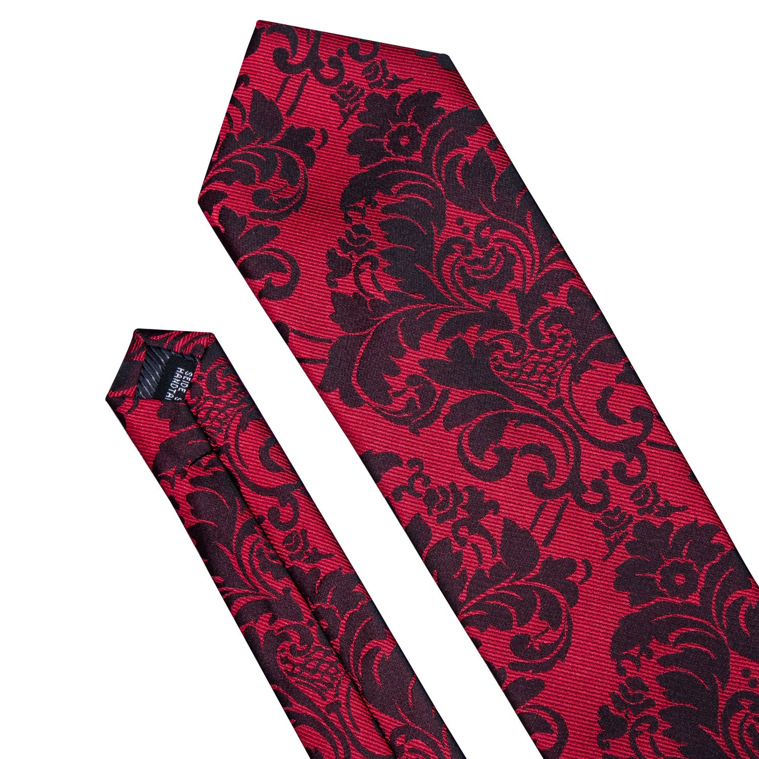 Red Necktie Black Floral Men's Tie Pocket Square Cufflinks Set