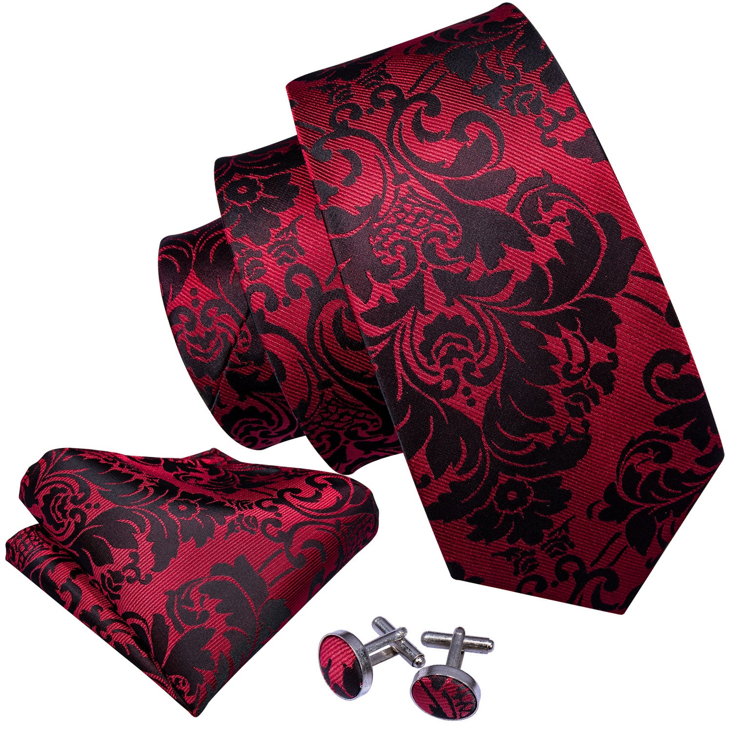 Red Necktie Black Floral Men's Tie Pocket Square Cufflinks Set