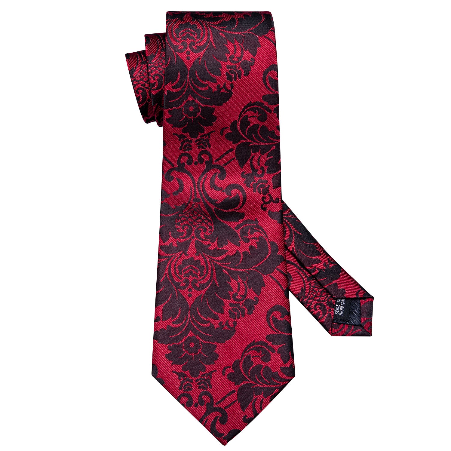 Red Necktie Black Floral Men's Tie Pocket Square Cufflinks Set