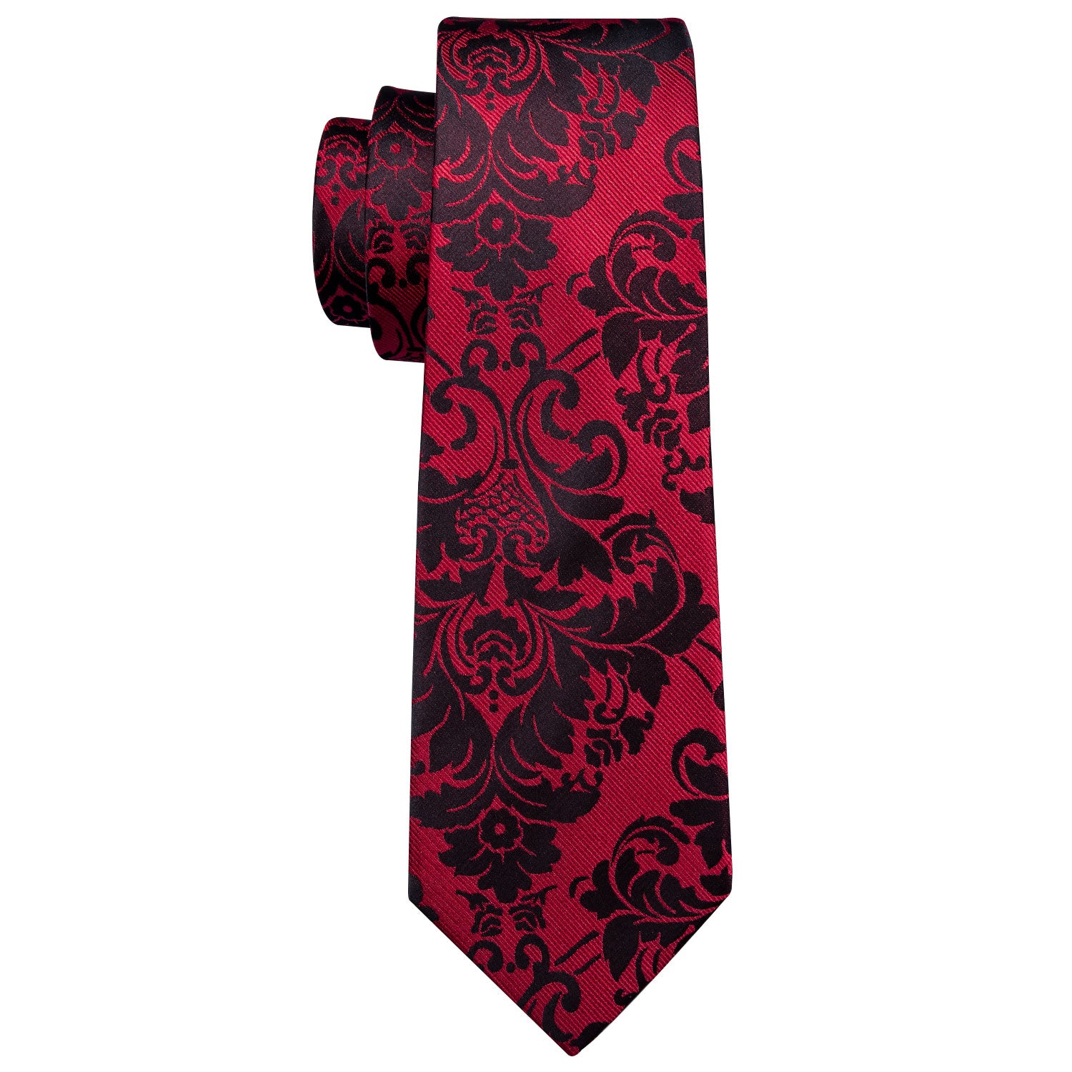 Red Necktie Black Floral Men's Tie Pocket Square Cufflinks Set