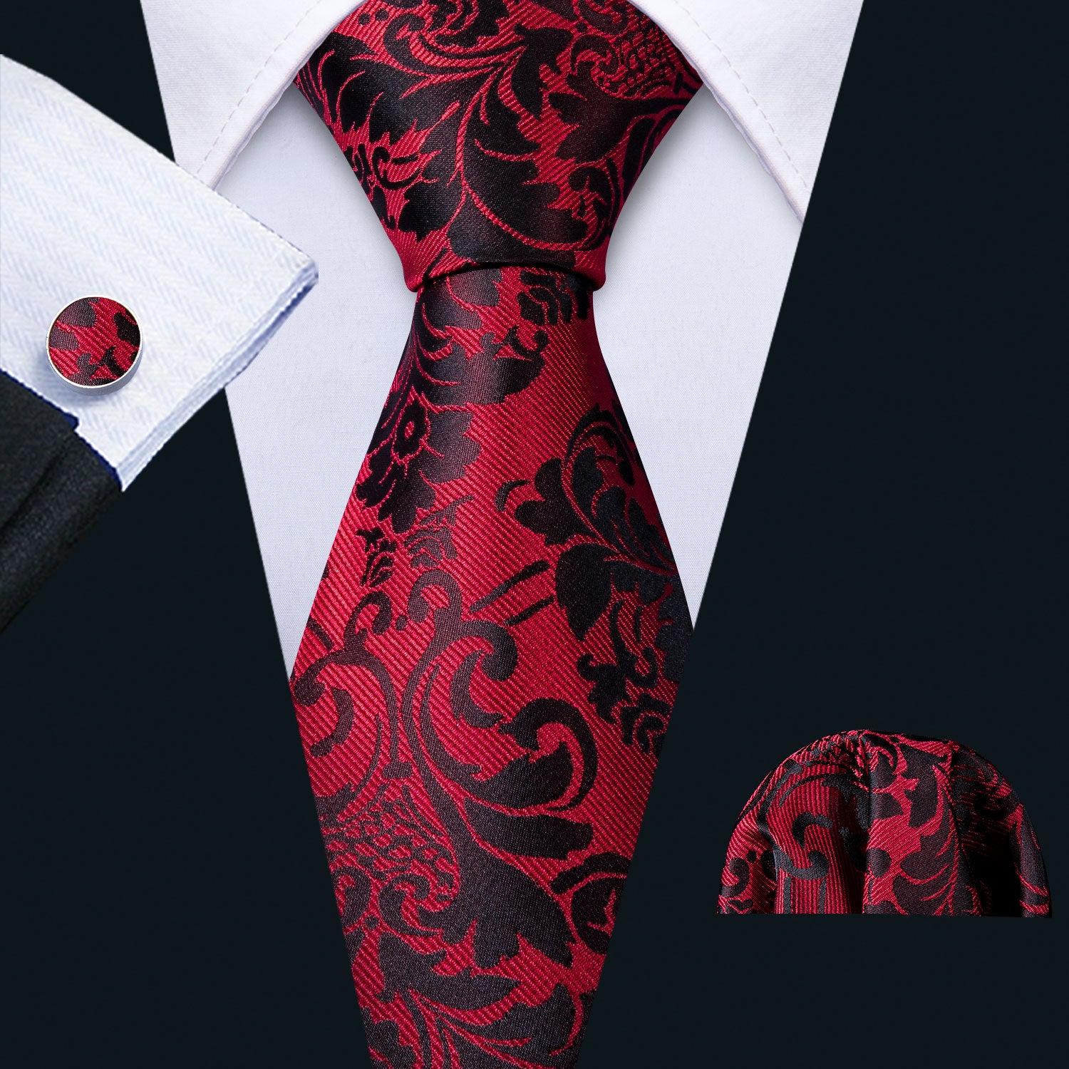 Red Necktie Black Floral Men's Tie Pocket Square Cufflinks Set