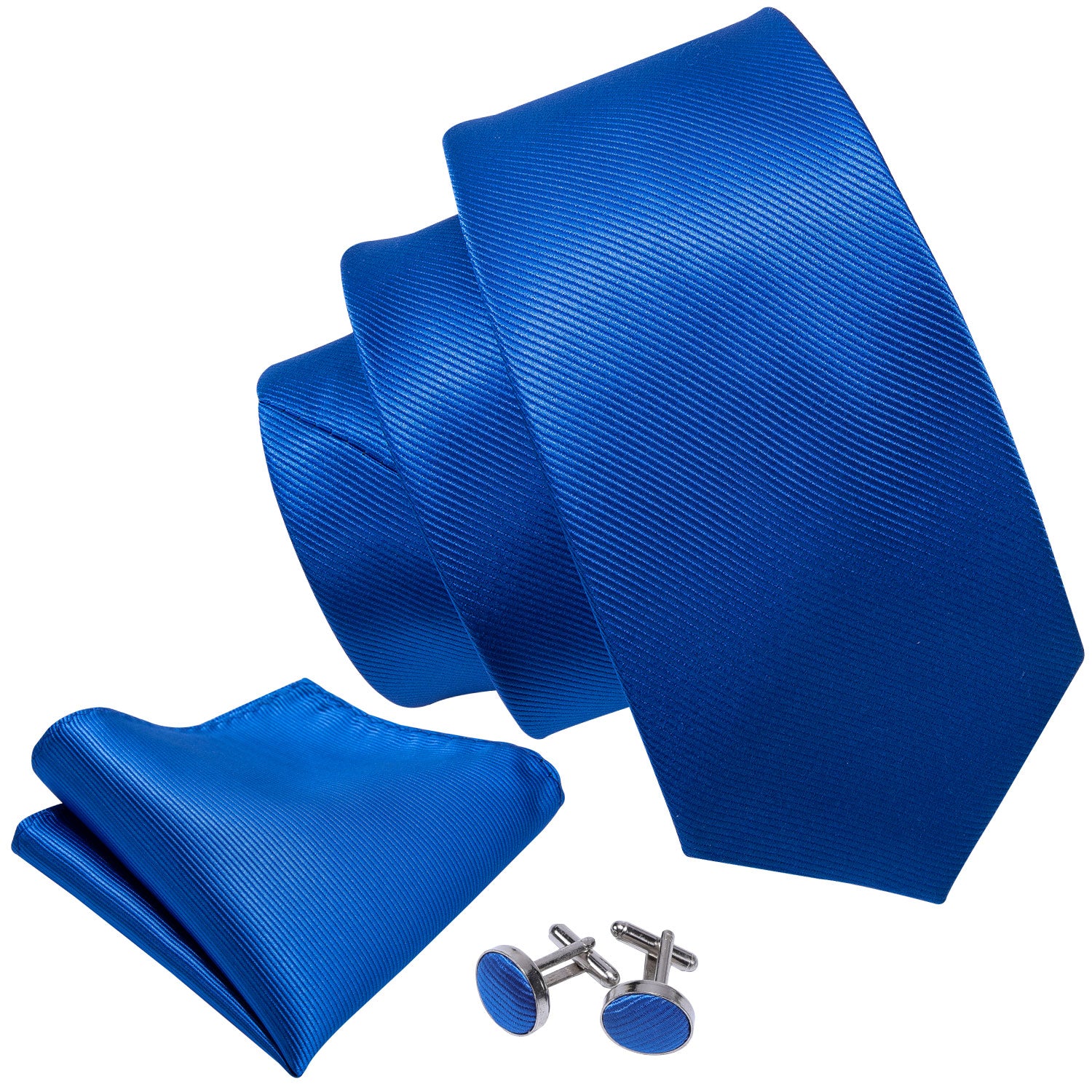 Classic Blue Solid Silk Men's Tie Pocket Square Cufflinks Set