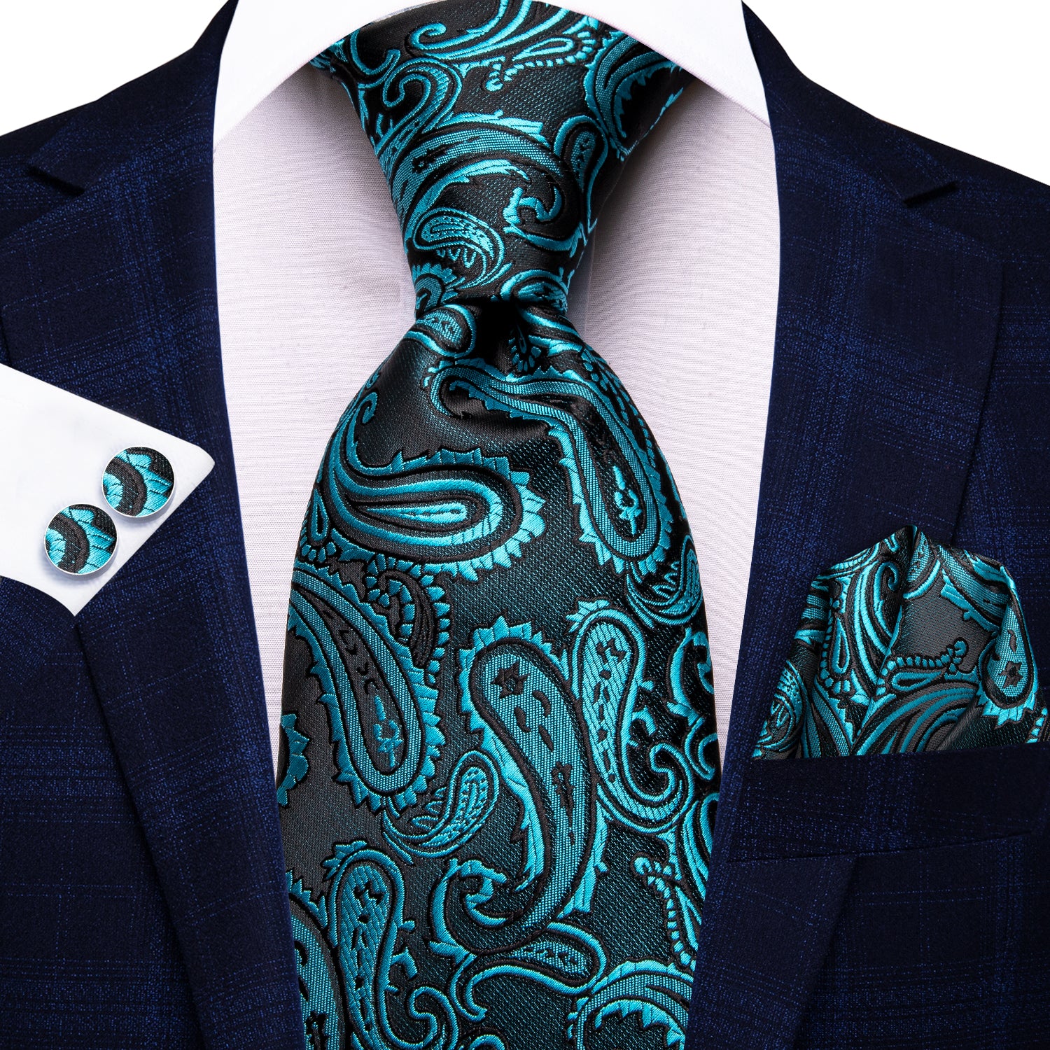 Teal Blue Paisley Jacquard Mens Tie Pocket Square Cufflinks Set