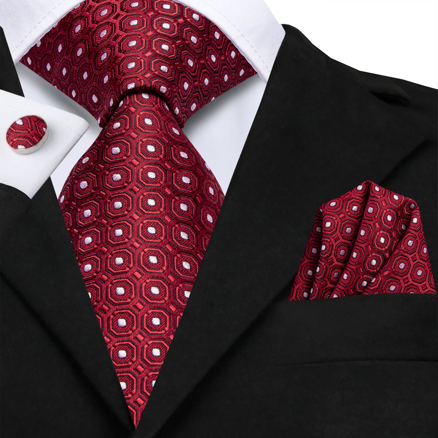 Red Necktie Black Red Novelty Tie Pocket Square Cufflinks Set