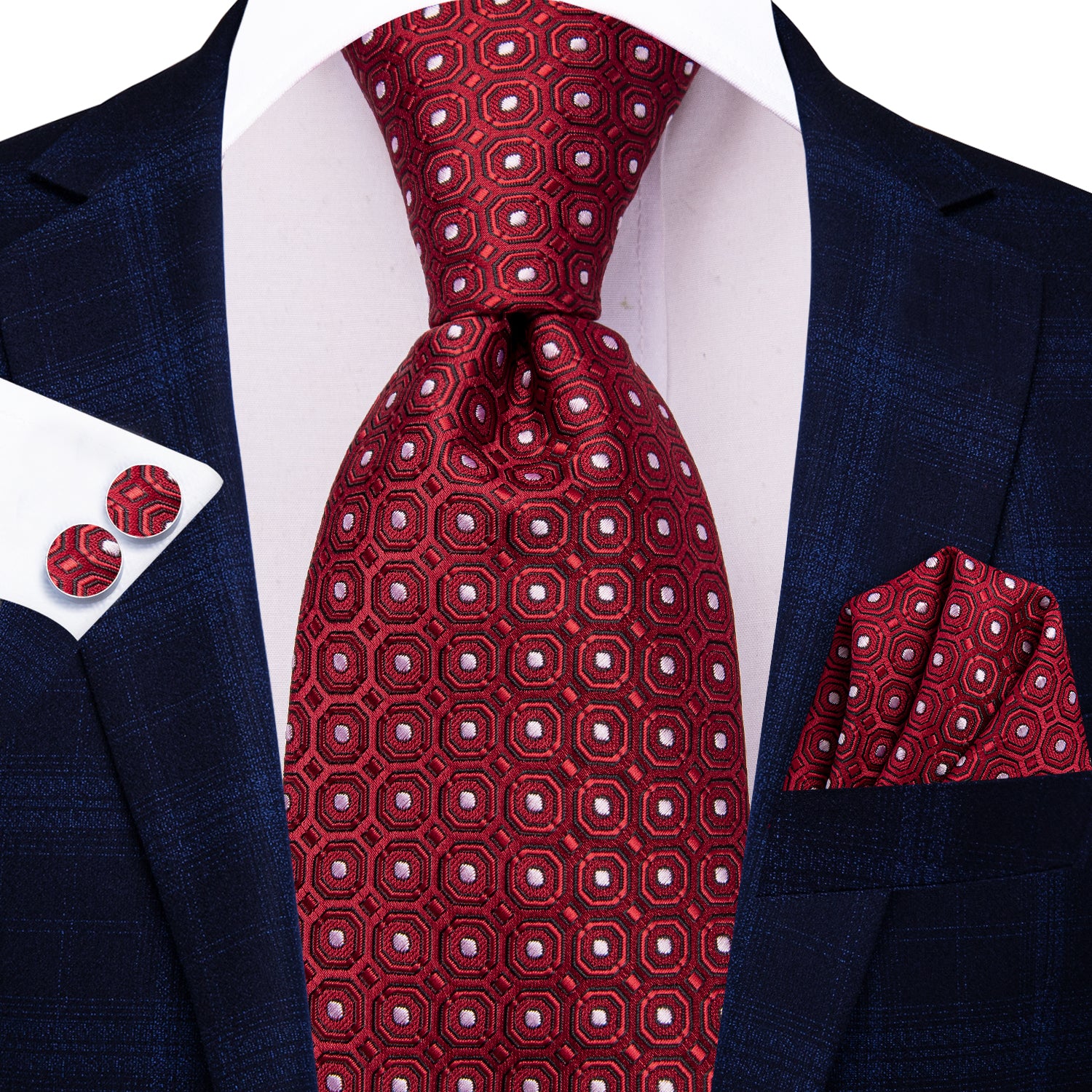 Red Necktie Black Red Novelty Tie Pocket Square Cufflinks Set