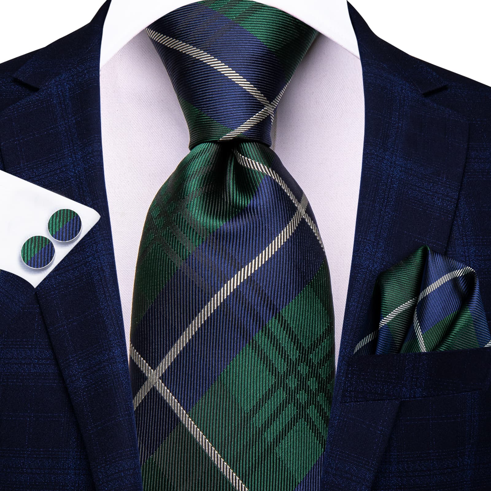 Green Necktie Blue White Stripes Checkered Tie Hanky Cufflinks