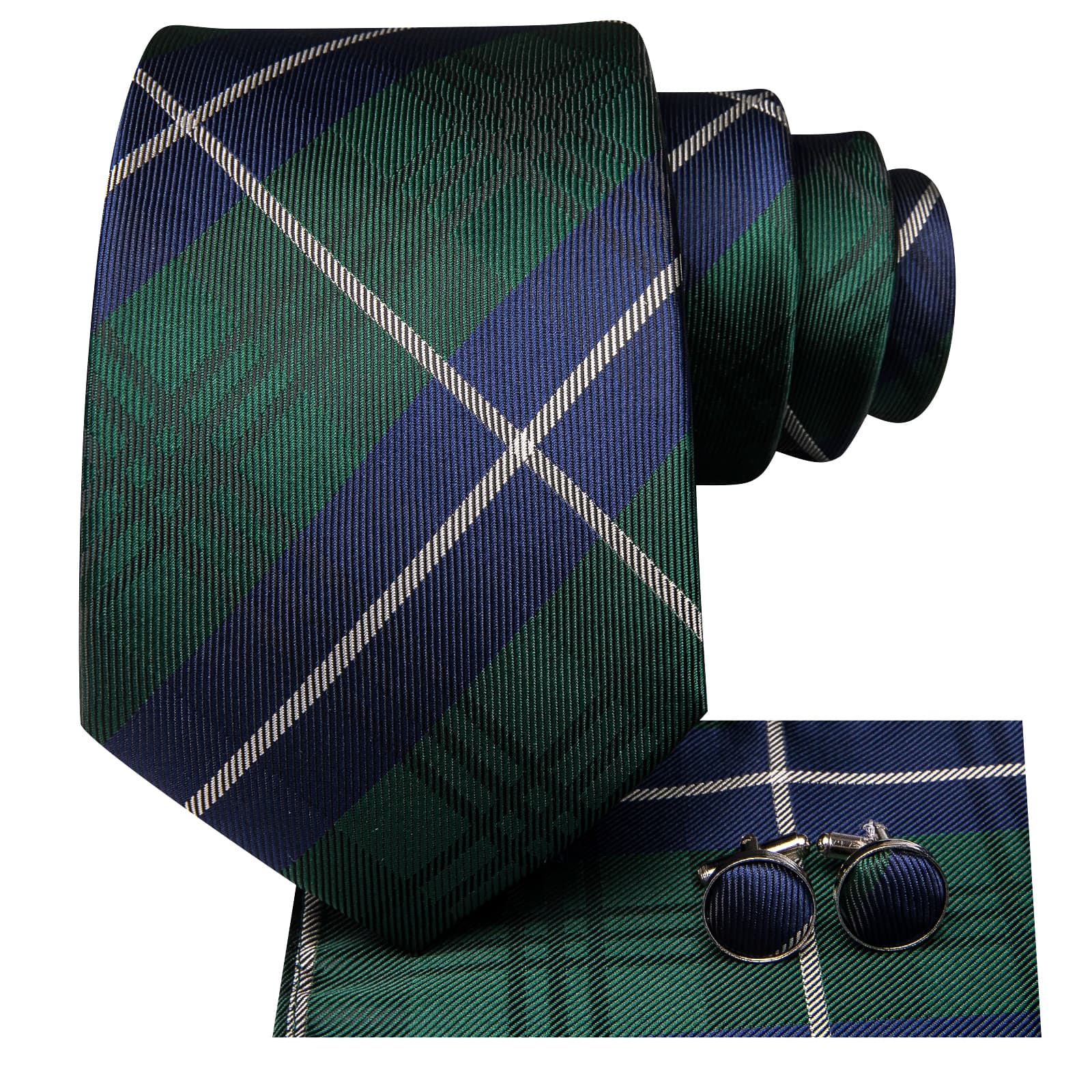 Green Necktie Blue White Stripes Checkered Tie Hanky Cufflinks