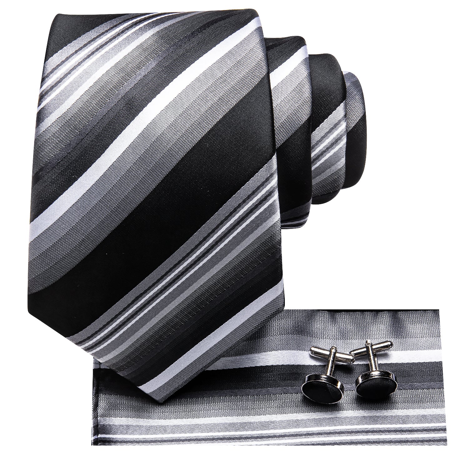 Black Grey Striped Silk Mens Tie Pocket Square Cufflinks Set