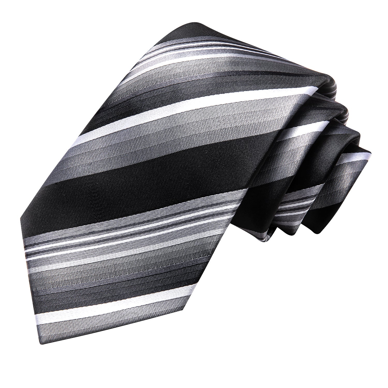 Black Grey Striped Silk Mens Tie Pocket Square Cufflinks Set