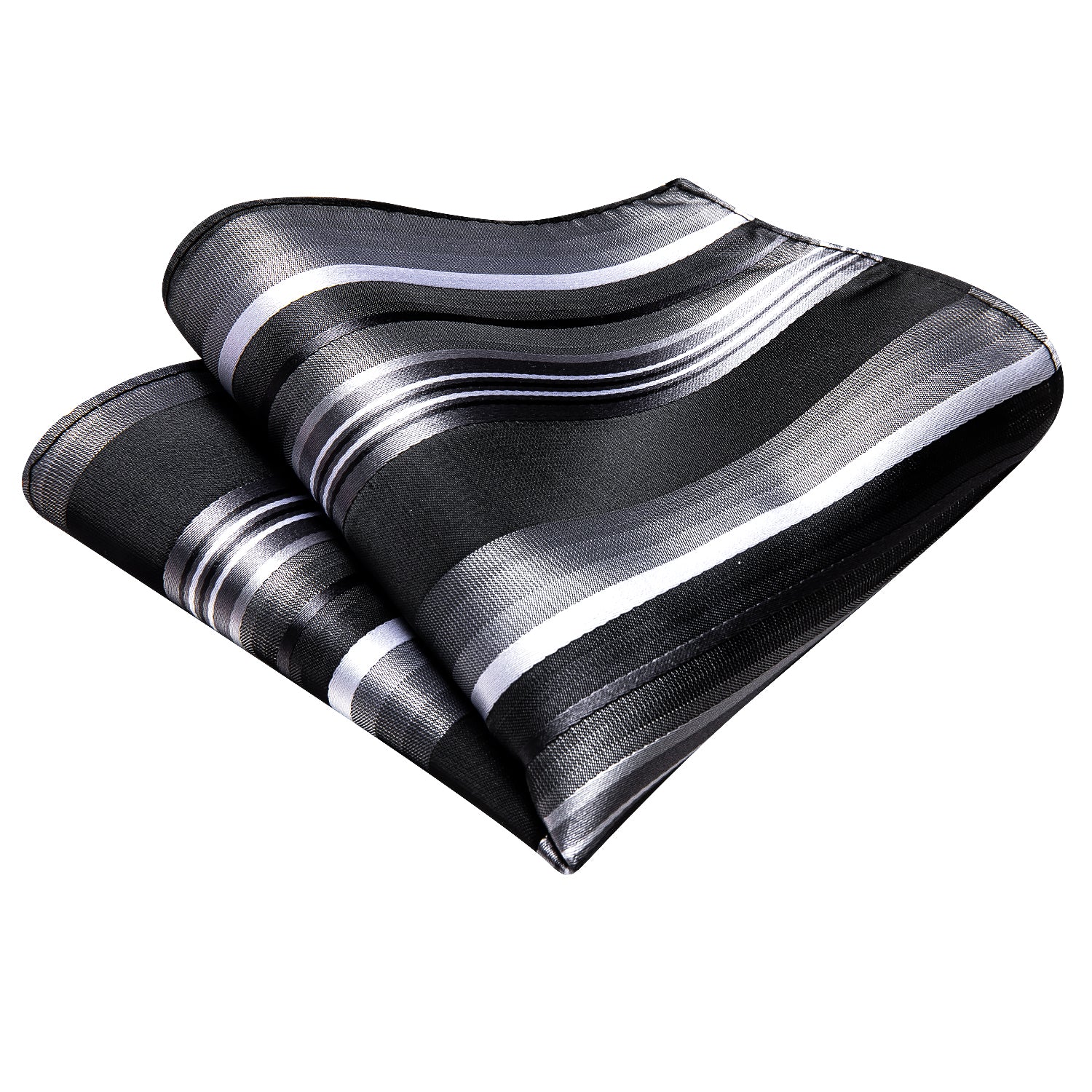 Black Grey Striped Silk Mens Tie Pocket Square Cufflinks Set