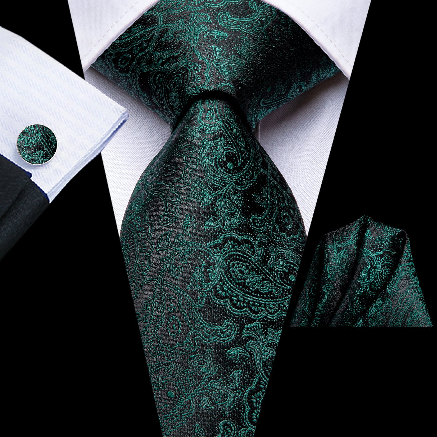 Dark Green Black Paisley Tie Pocket Square Cufflinks Set