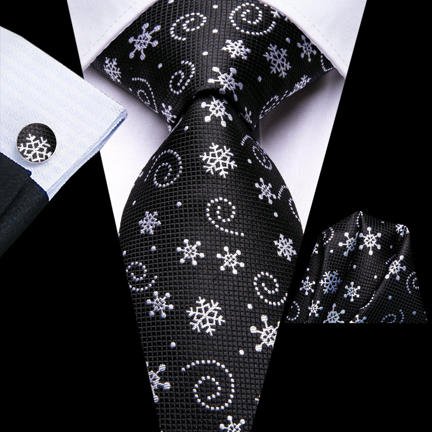 Black White Snowflake Tie Pocket Square Cufflinks Set