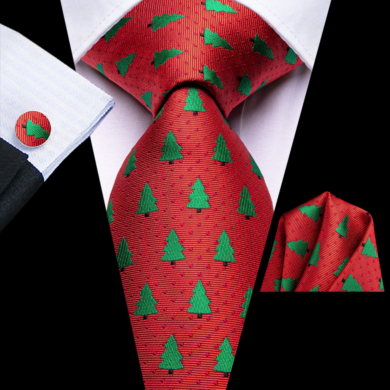A Red Green Pines Silk Tie, Pocket Square, and Cufflinks Set displayed against a white background.