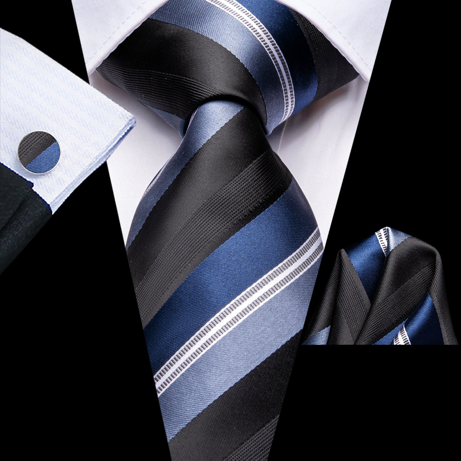 Black Sky Blue White Striped Tie Pocket Square Cufflinks Set