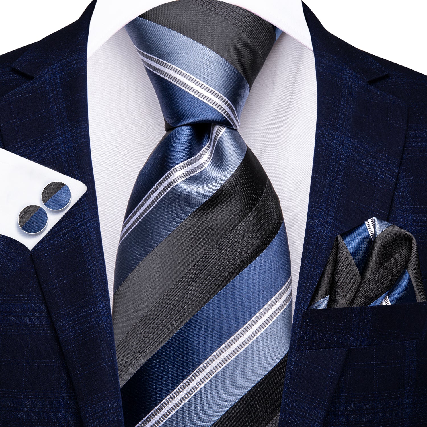 Hi-Tie Black Sky Blue White Striped Tie Pocket Square Cufflinks Set Hi-Tie Black Sky Blue White Striped Tie Pocket Square Cufflinks Set