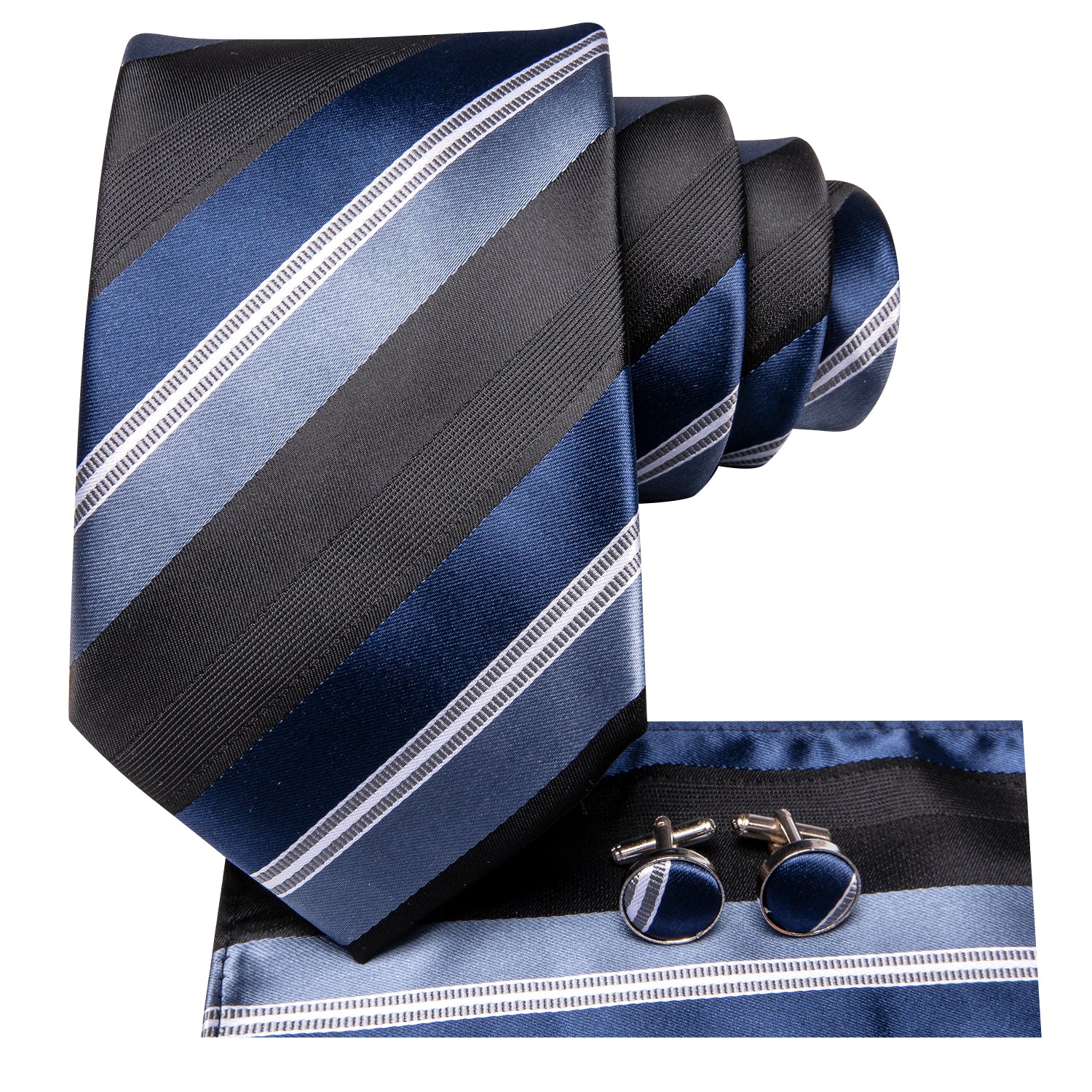 Black Sky Blue White Striped Tie Pocket Square Cufflinks Set