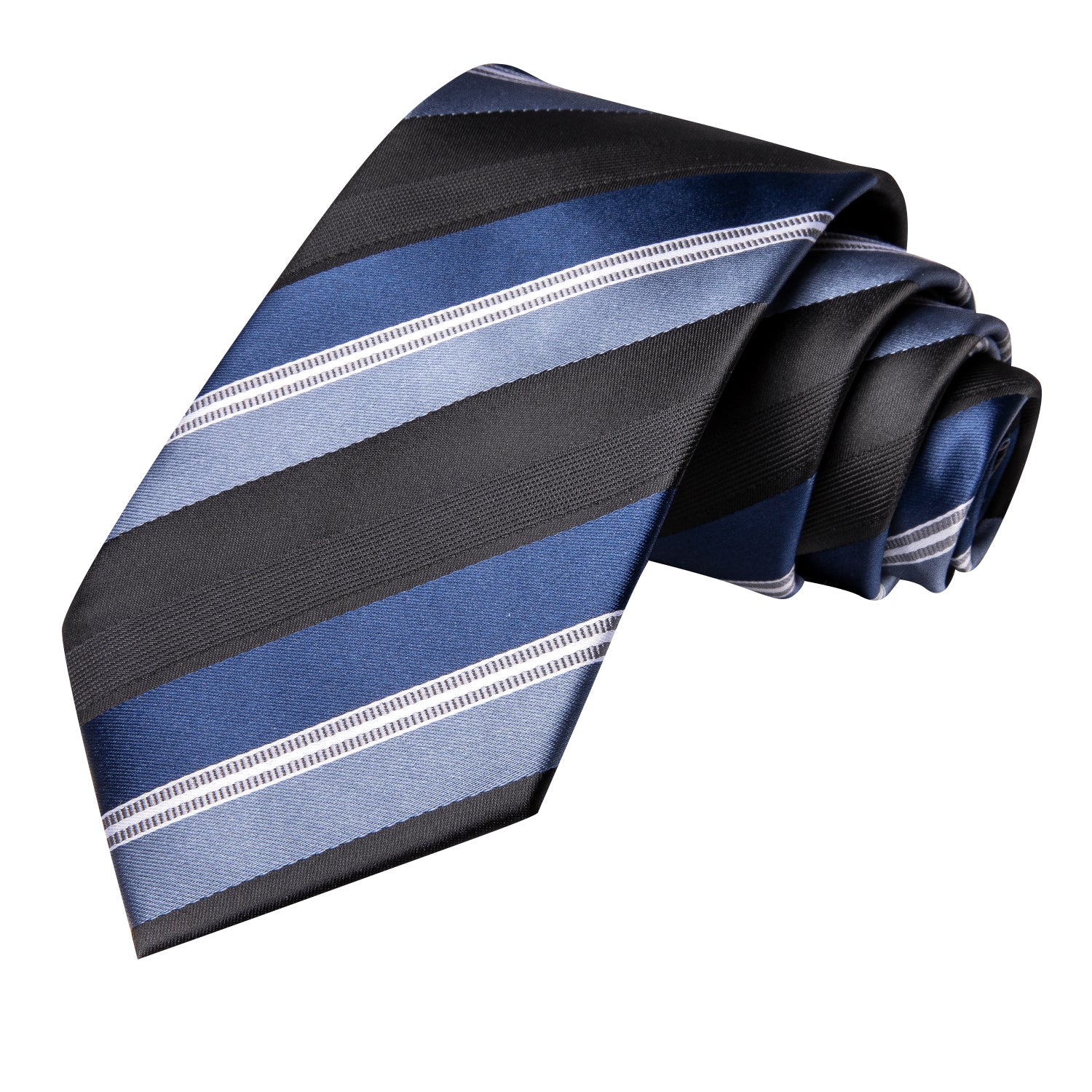 Black Sky Blue White Striped Tie Pocket Square Cufflinks Set