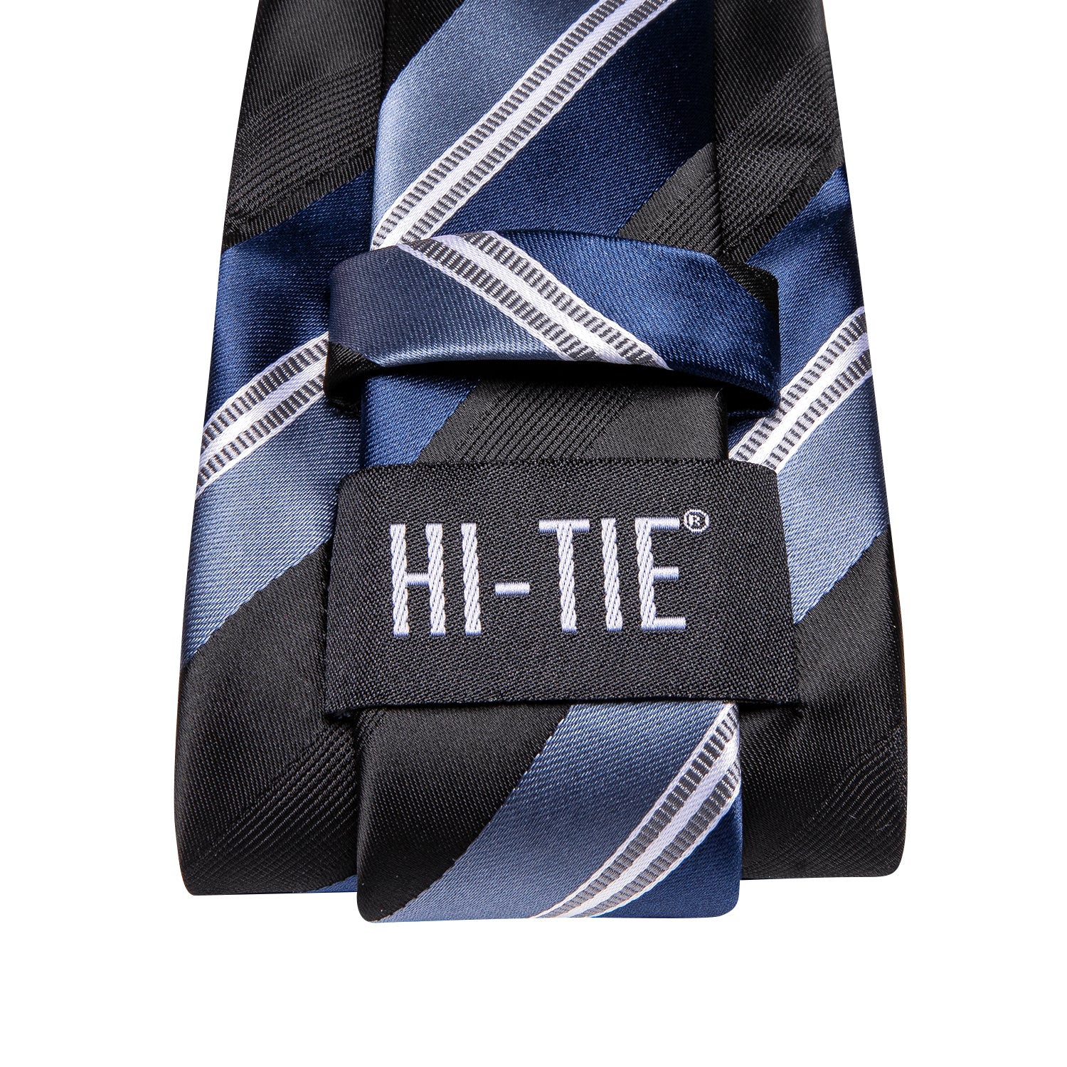 Black Sky Blue White Striped Tie Pocket Square Cufflinks Set