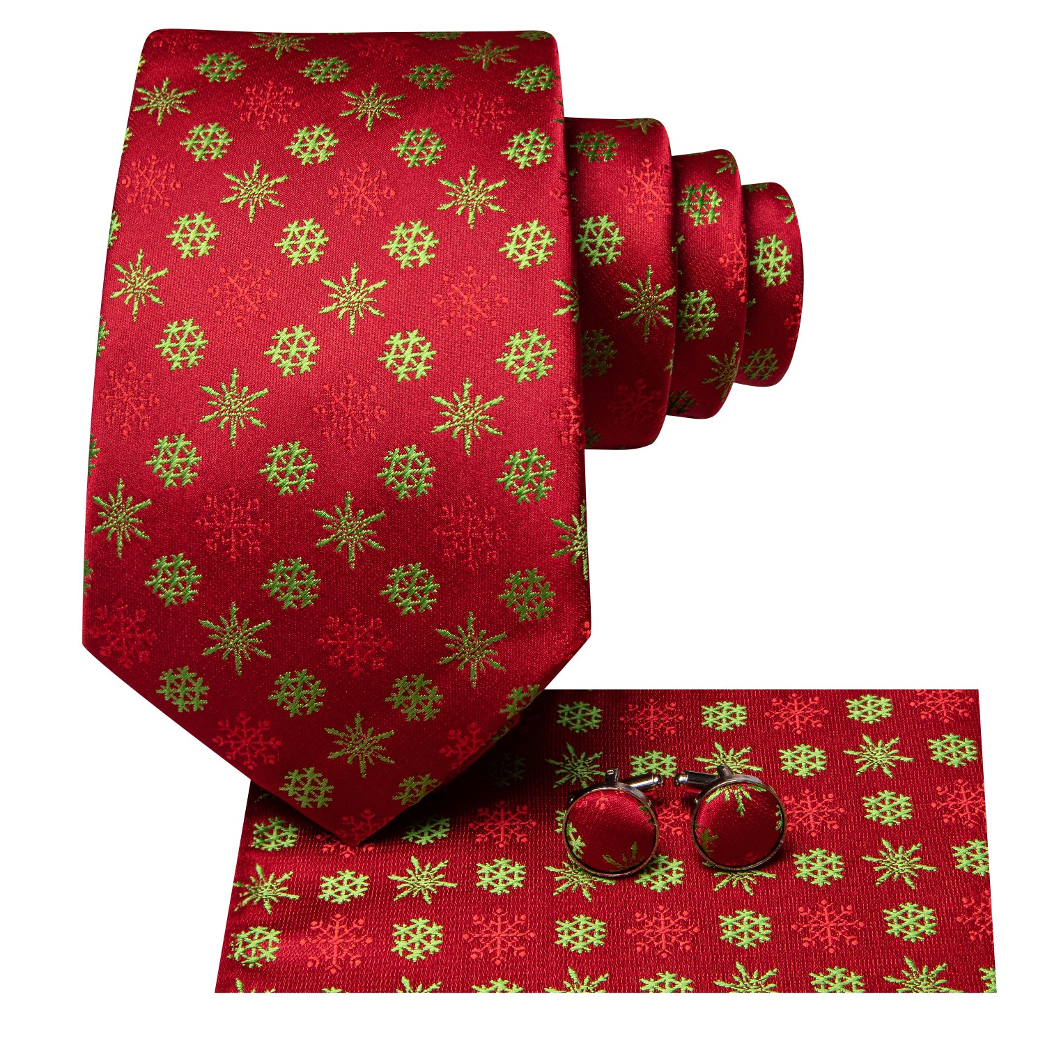 Christmas Red Snowflakes Men's Tie Pocket Square Cufflinks Set