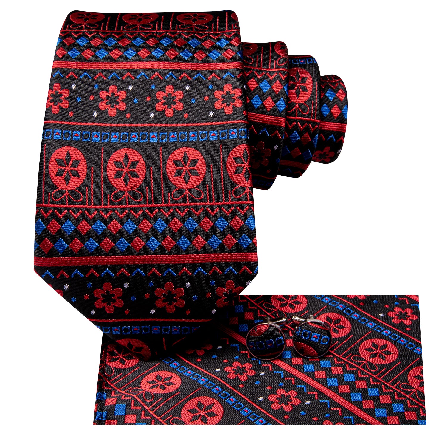 Christmas Black Red Novelty Men's Tie Pocket Square Cufflinks Set