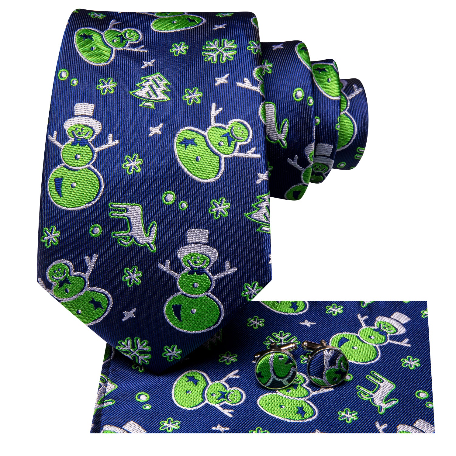 Christmas Blue Green Snowmen Men's Tie Pocket Square Cufflinks Set