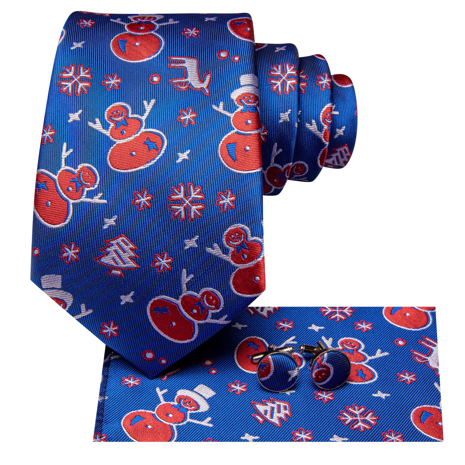 Christmas Blue Red Snowmen Men's Tie Pocket Square Cufflinks Set