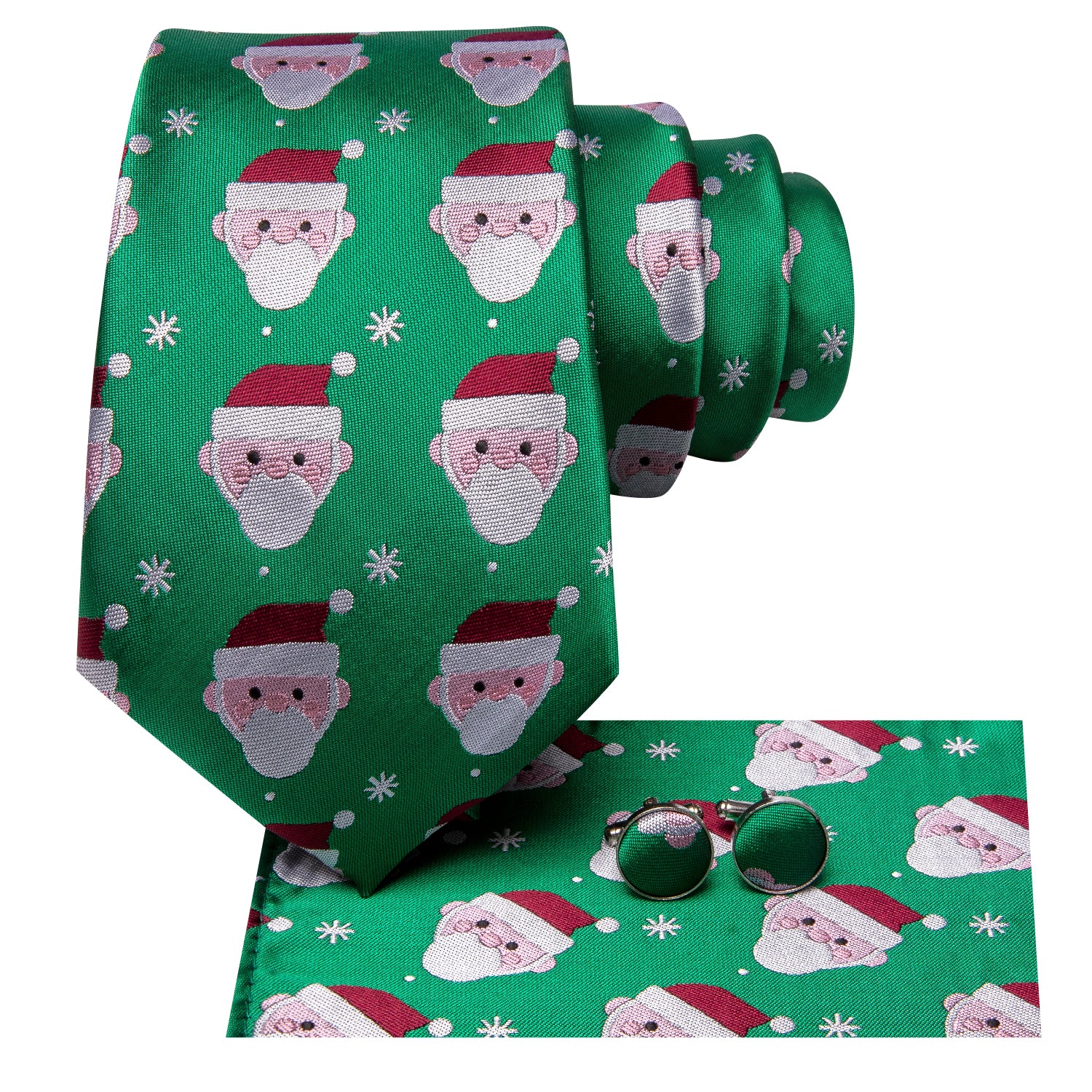 Green Christmas Snowmen Men's Tie Pocket Square Cufflinks Set