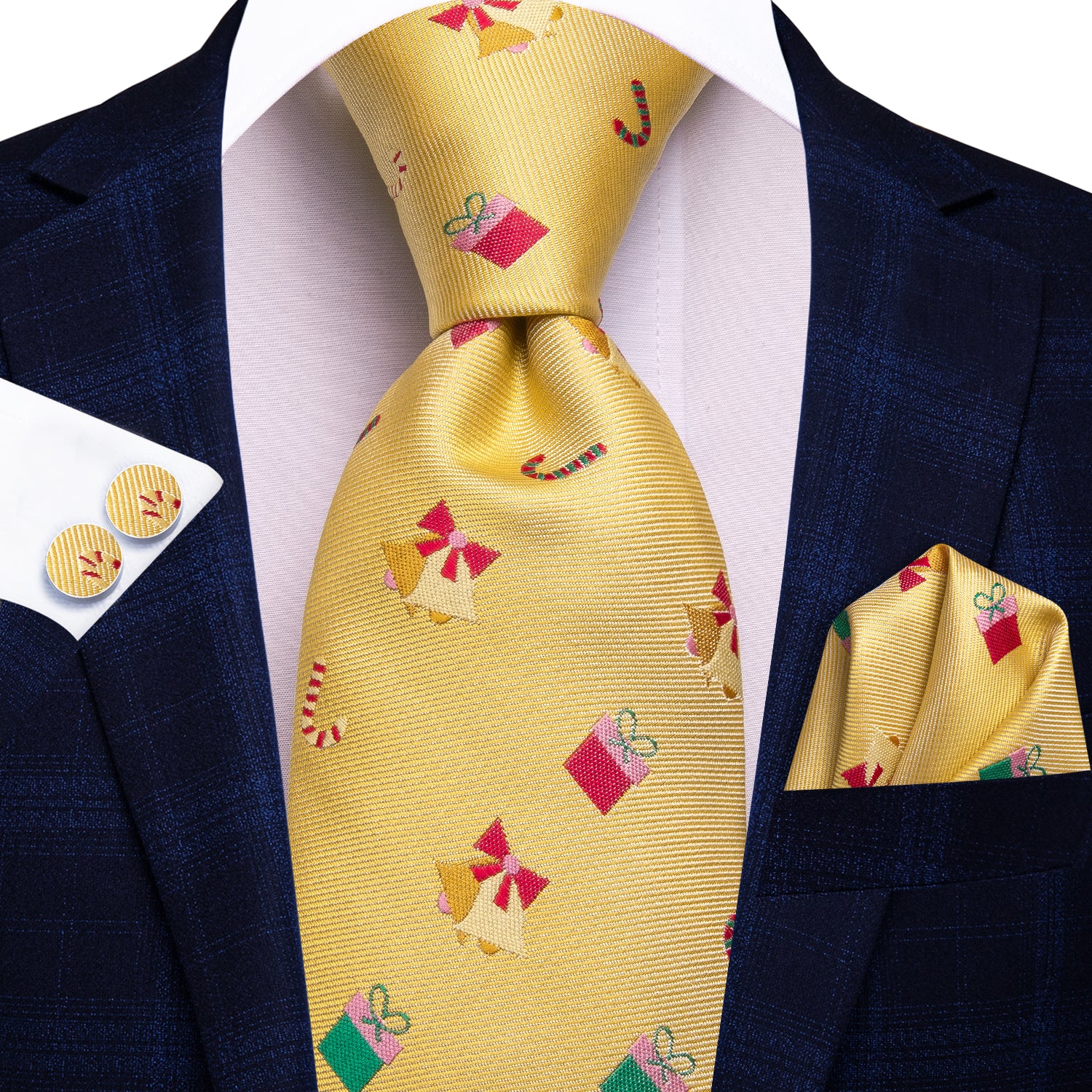 Christmas Yellow Novelty Men's Tie Pocket Square Cufflinks Set