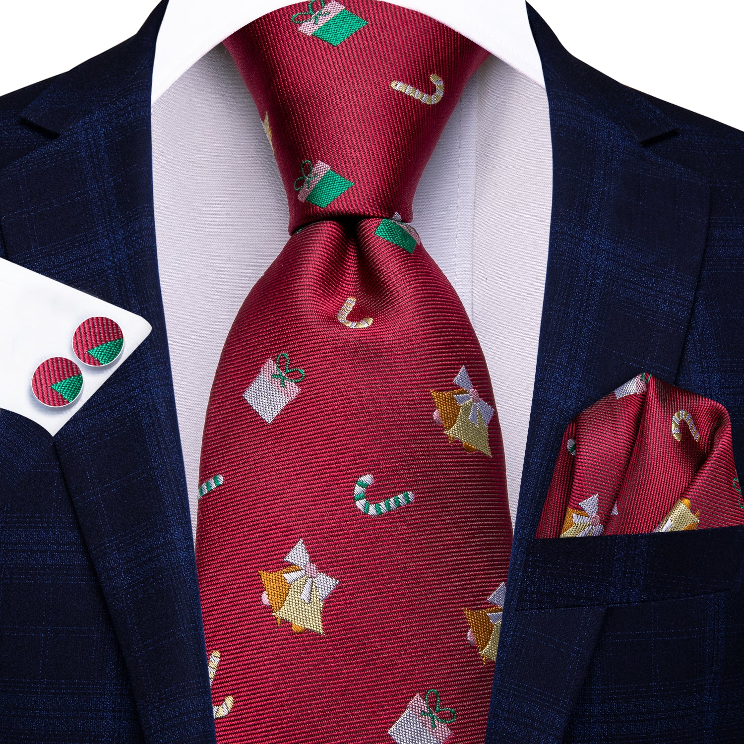 Christmas Burgundy Red Novelty Men's Tie Pocket Square Cufflinks Set