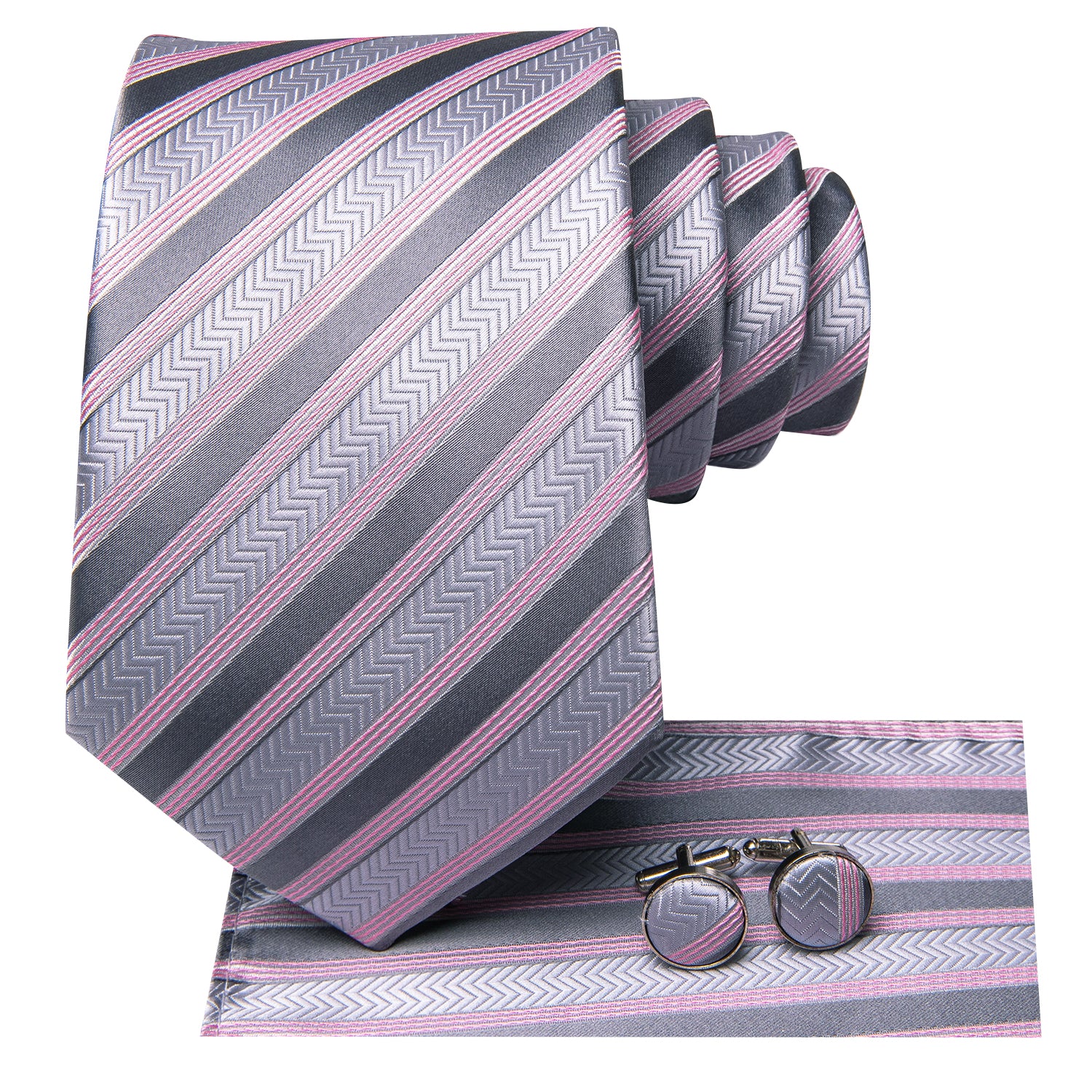 Grey Pink Striped Tie Pocket Square Cufflinks Set