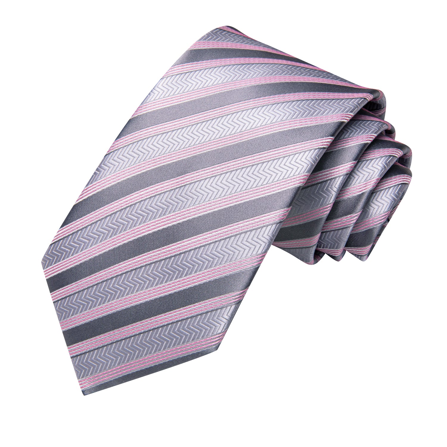 Silver Tie Grey Pink Striped Tie Pocket Square Cufflinks Set