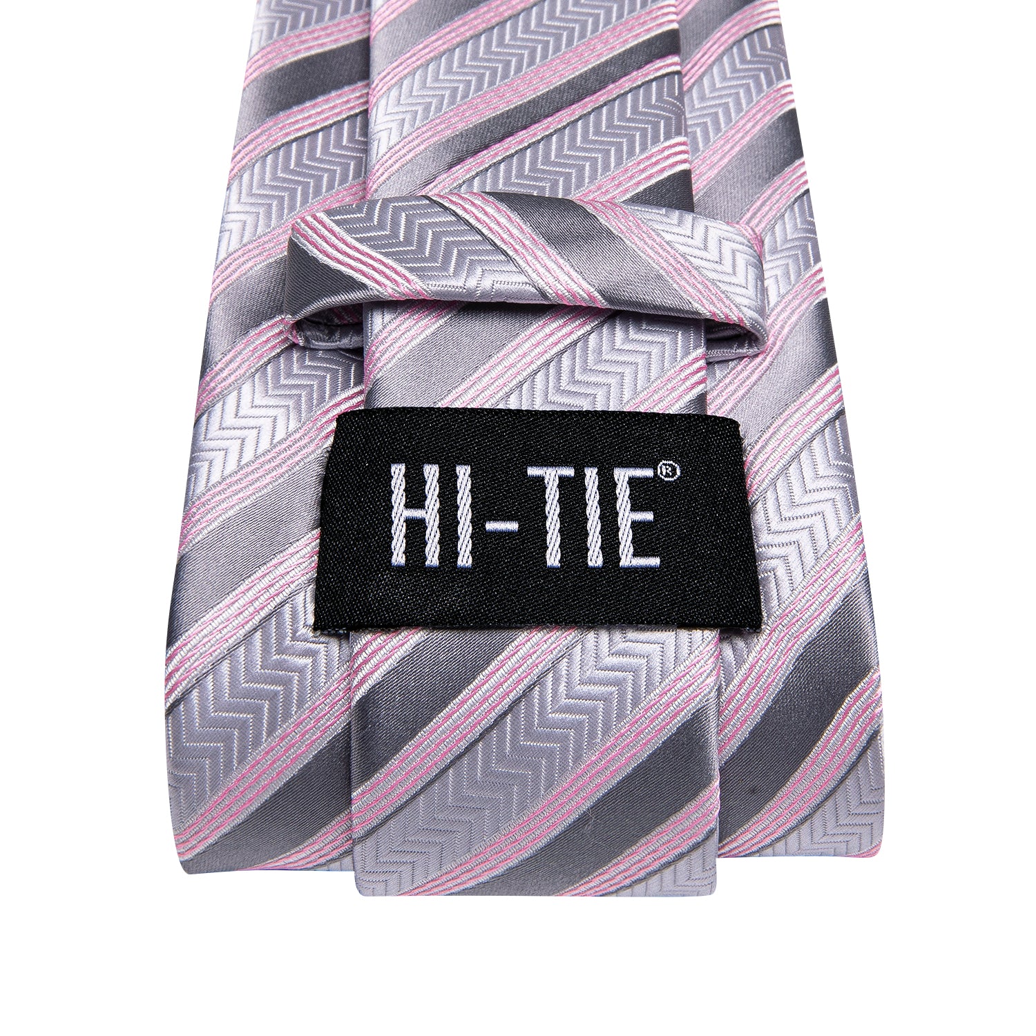 Silver Tie Grey Pink Striped Tie Pocket Square Cufflinks Set