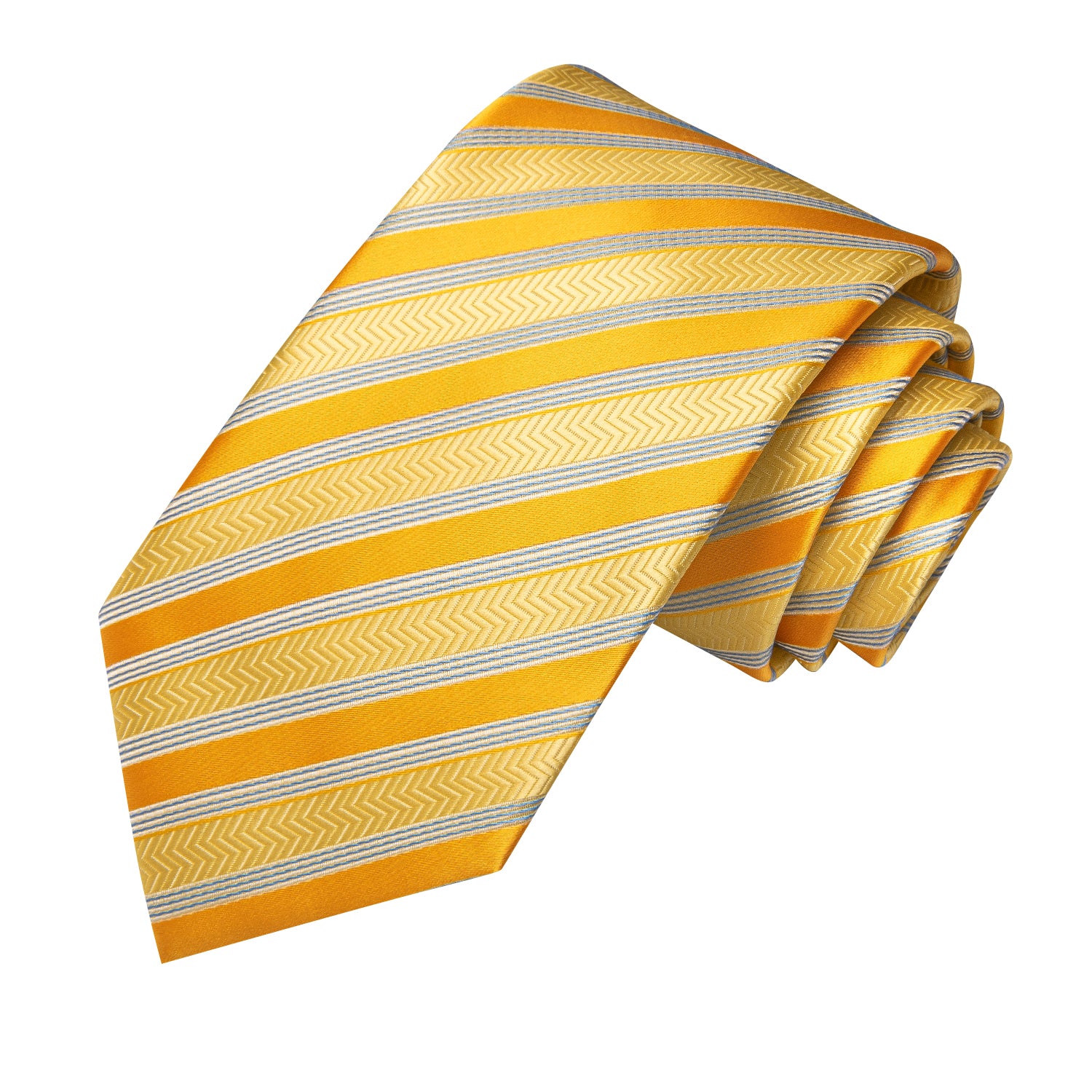 Gold Tie Yellow Silver Striped Tie Pocket Square Cufflinks Set