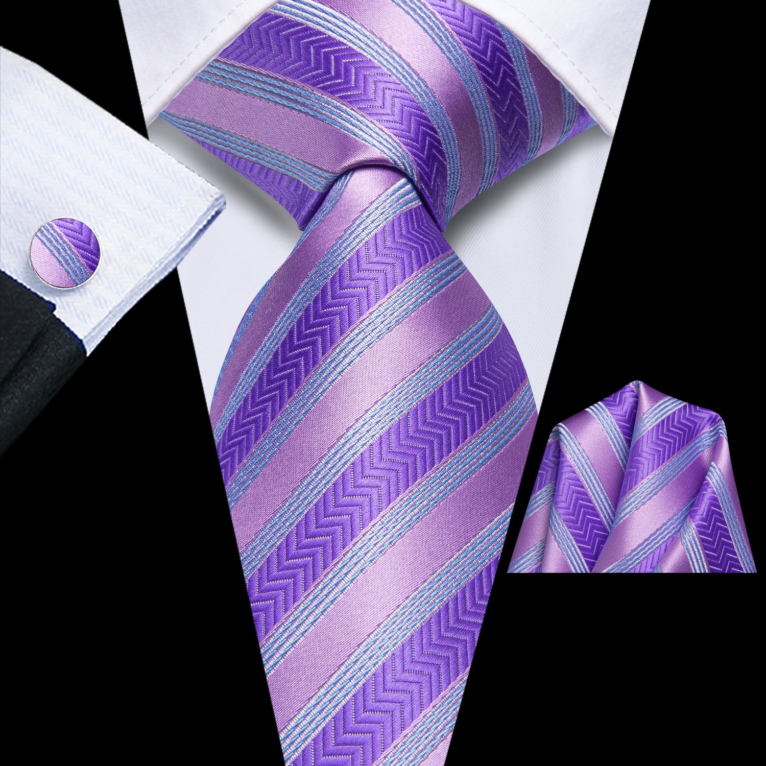 Purple Blue Striped Tie Pocket Square Cufflinks Set