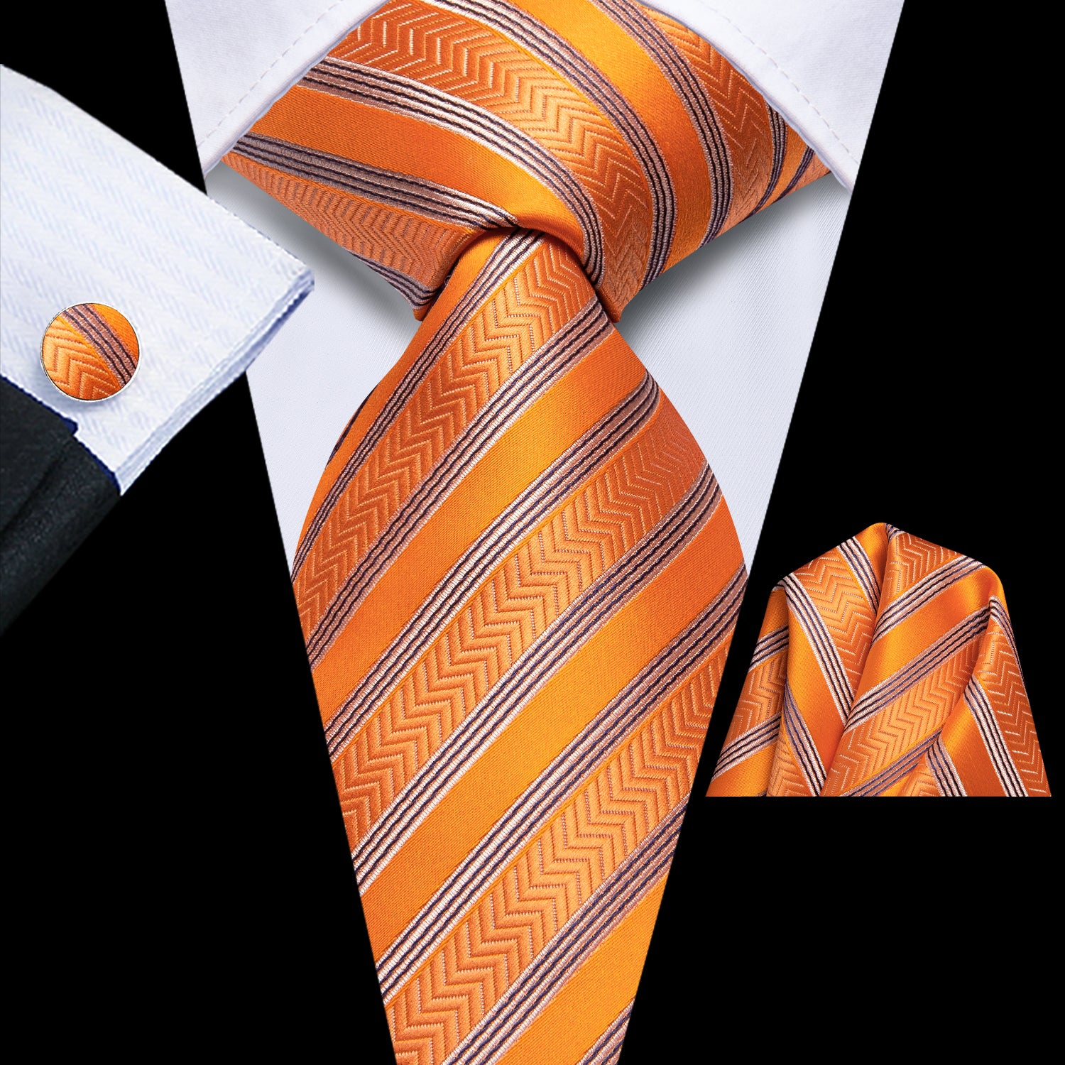 Orange Necktie Black Striped Tie Pocket Square Cufflinks Set
