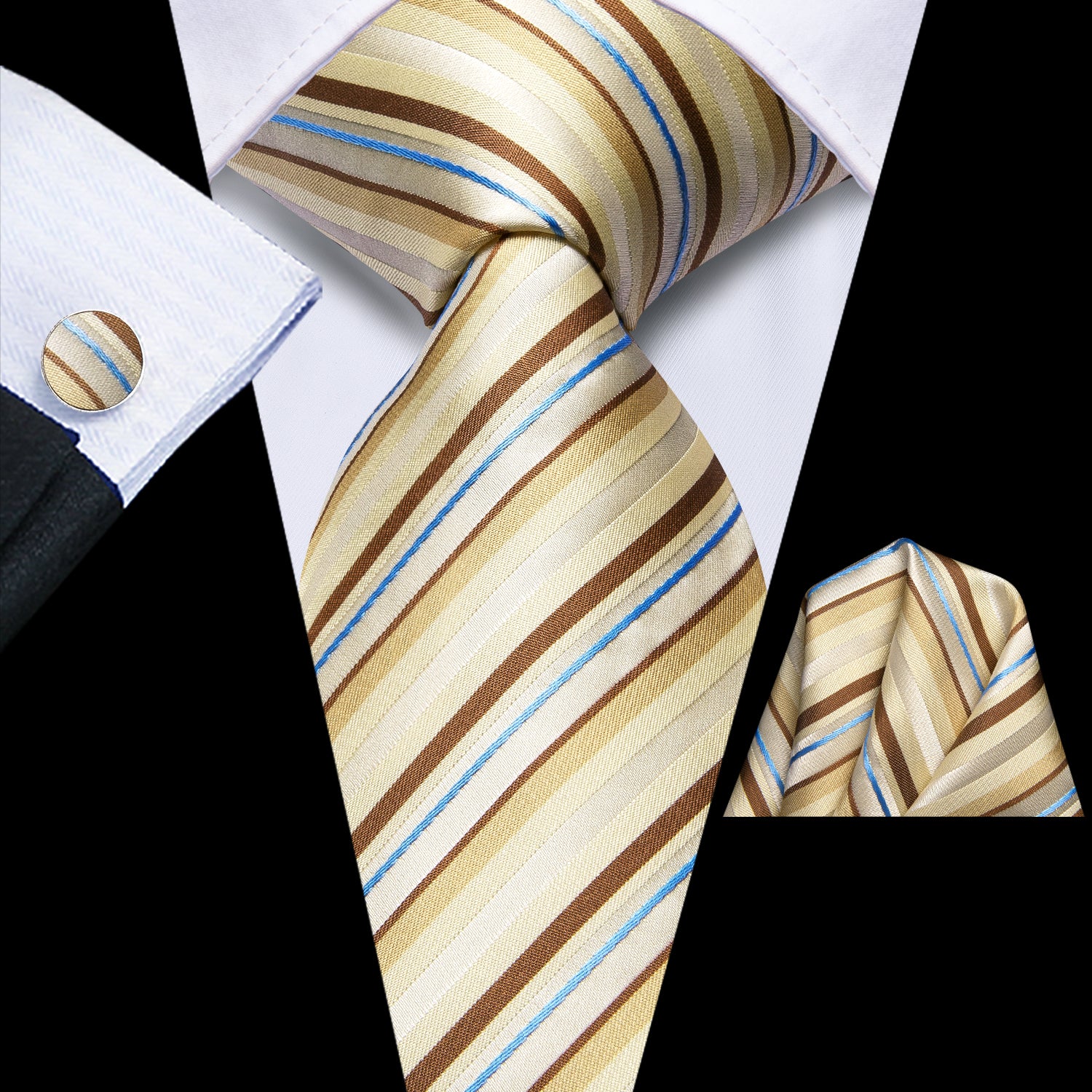 Yellow Brown Blue Striped Tie Pocket Square Cufflinks Set