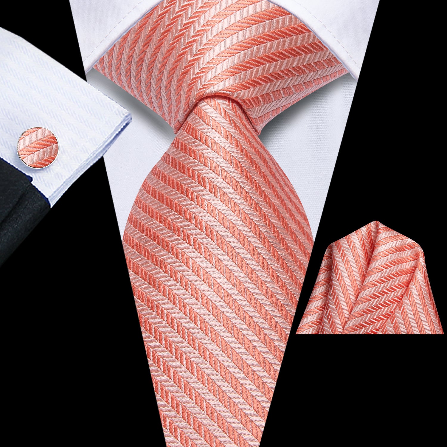 Orange Red Striped Silk Tie Pocket Square Cufflinks Set