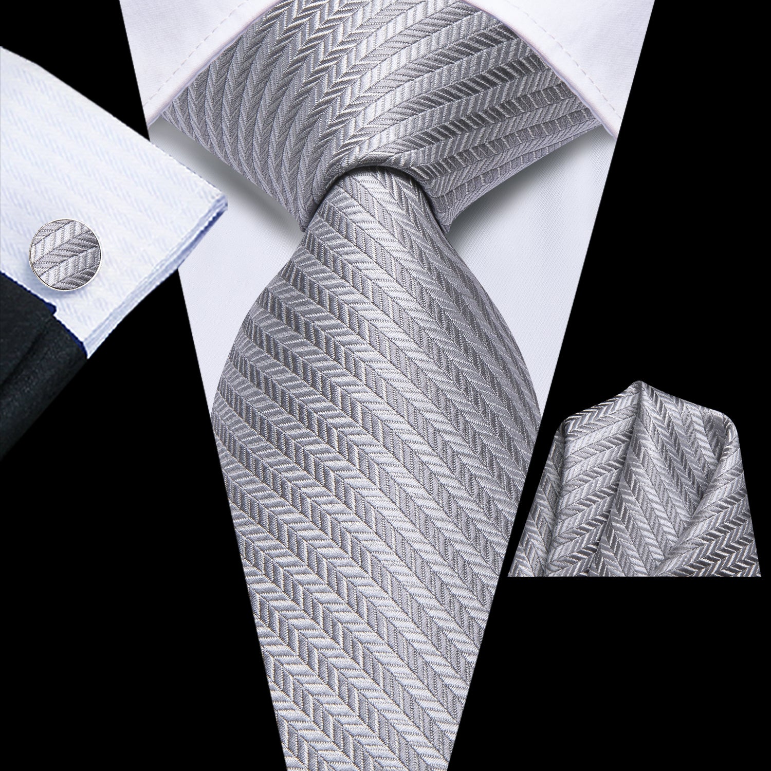 Grey Striped Silk Tie Pocket Square Cufflinks Set