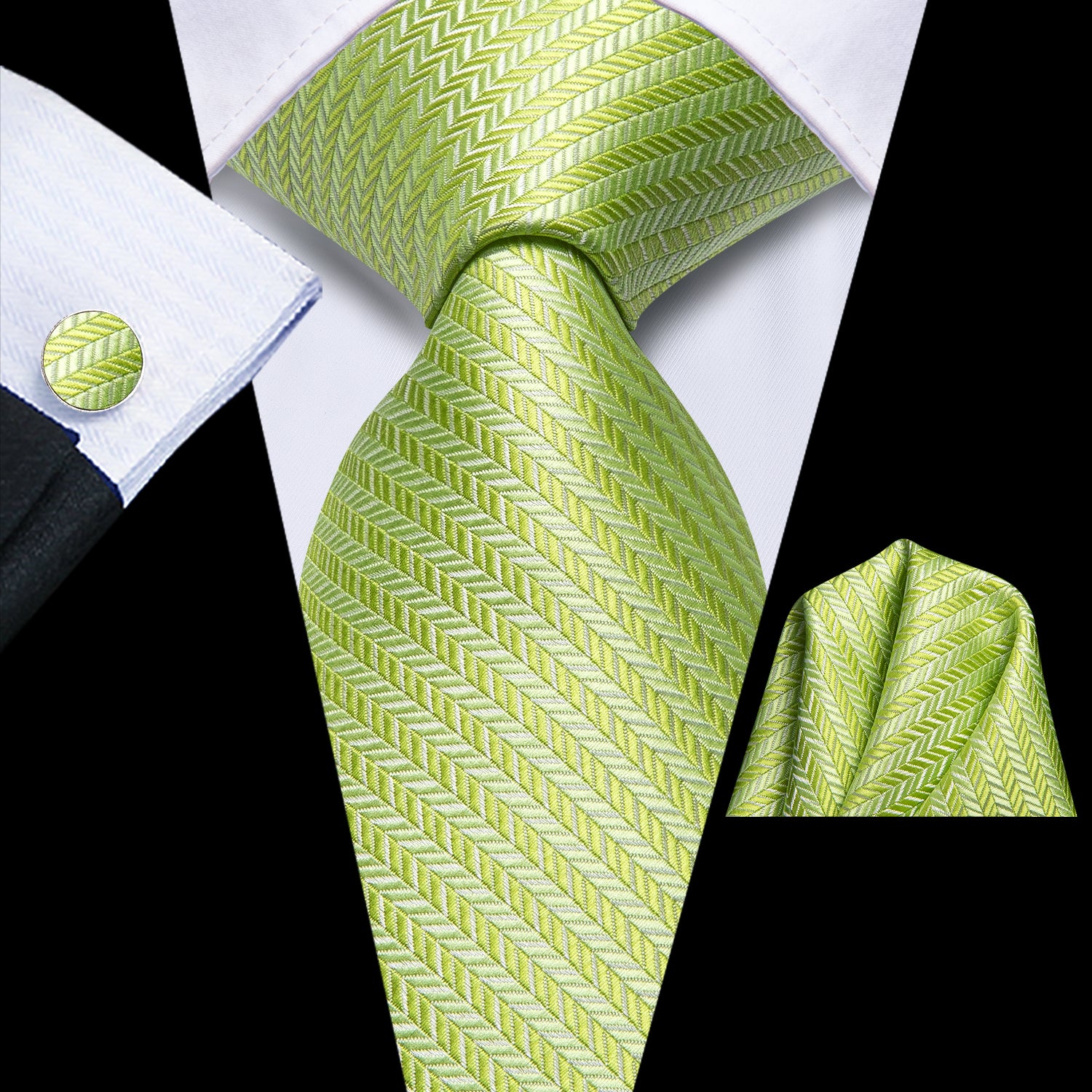 Yellow Green Striped Silk Tie Pocket Square Cufflinks Set