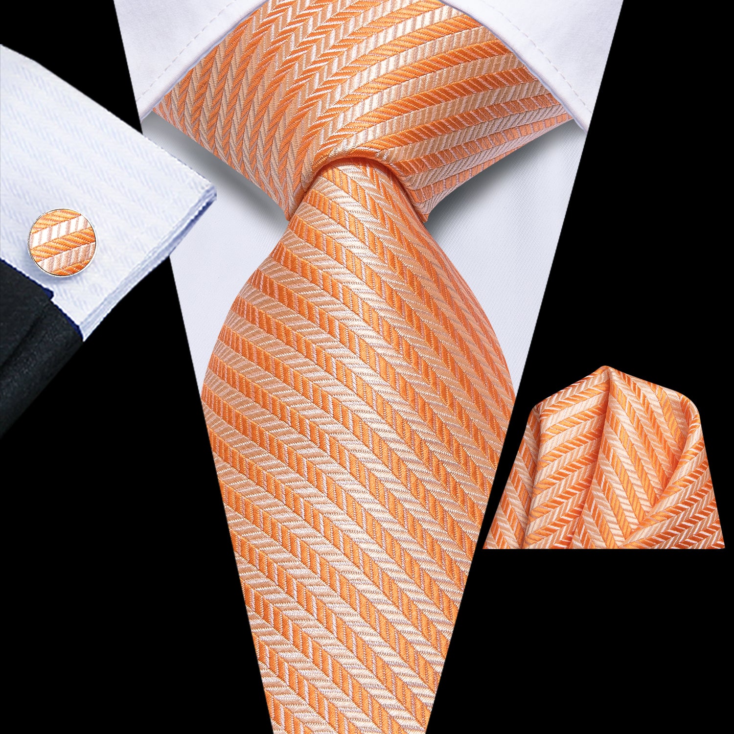 Orange Striped Silk Tie Pocket Square Cufflinks Set