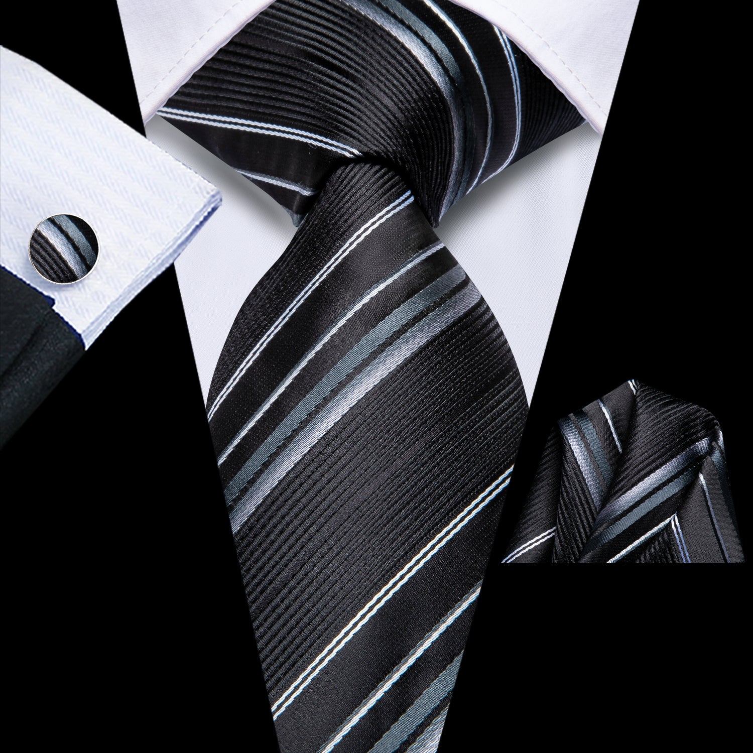 Black White Striped Men's Tie Pocket Square Cufflinks Set