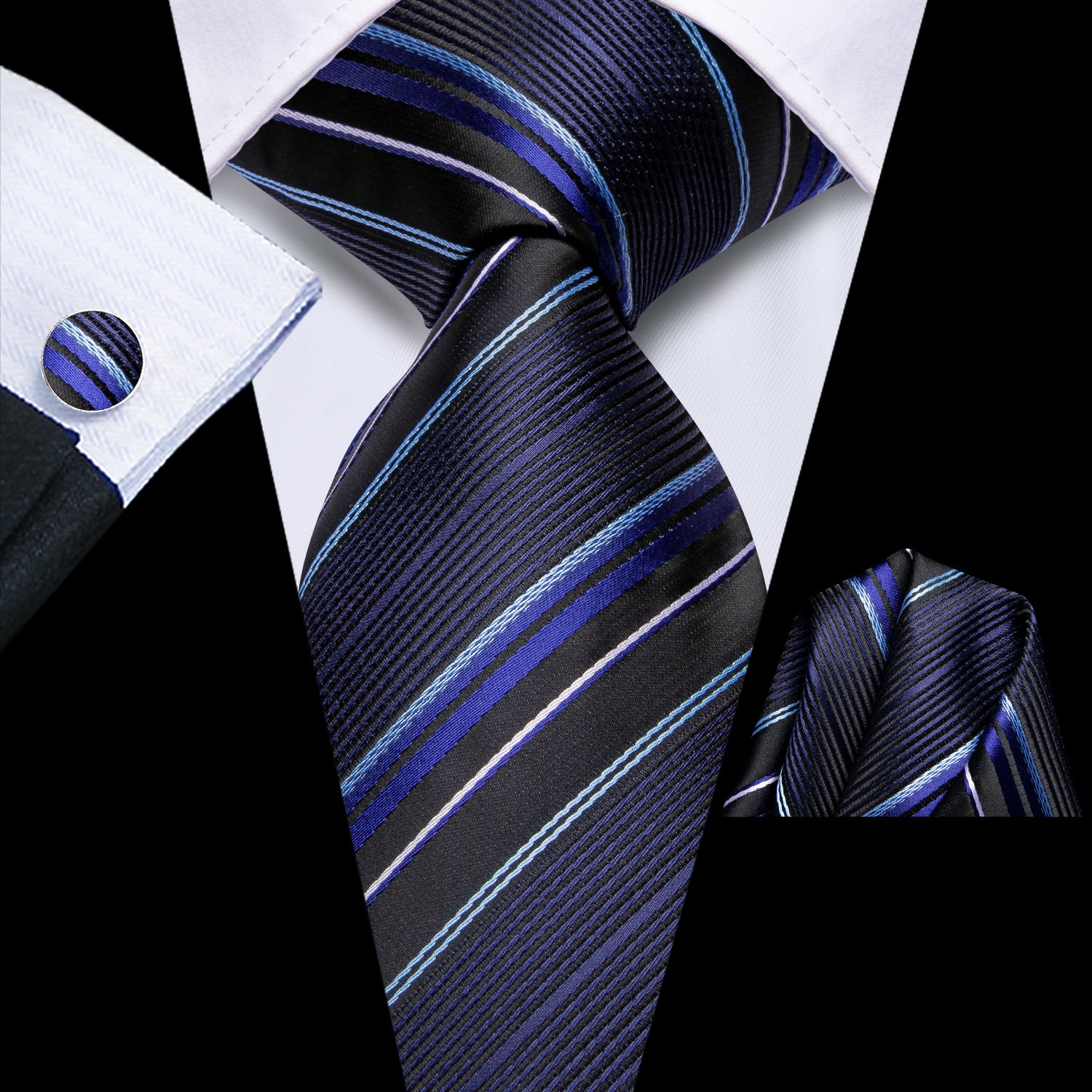 Black Blue Mens Necktie Striped Tie Pocket Square Cufflinks Set