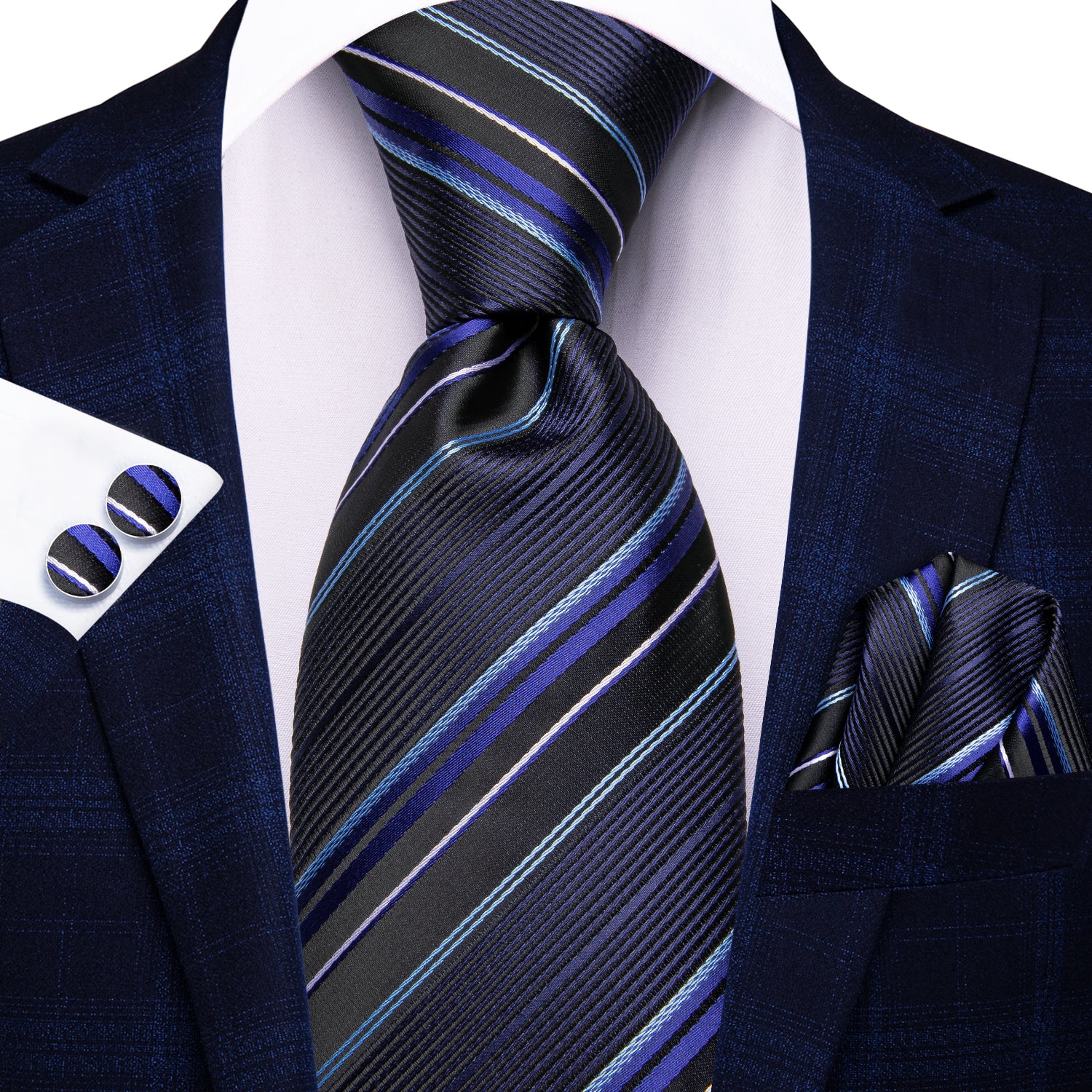 Black Blue Mens Necktie Striped Tie Pocket Square Cufflinks Set