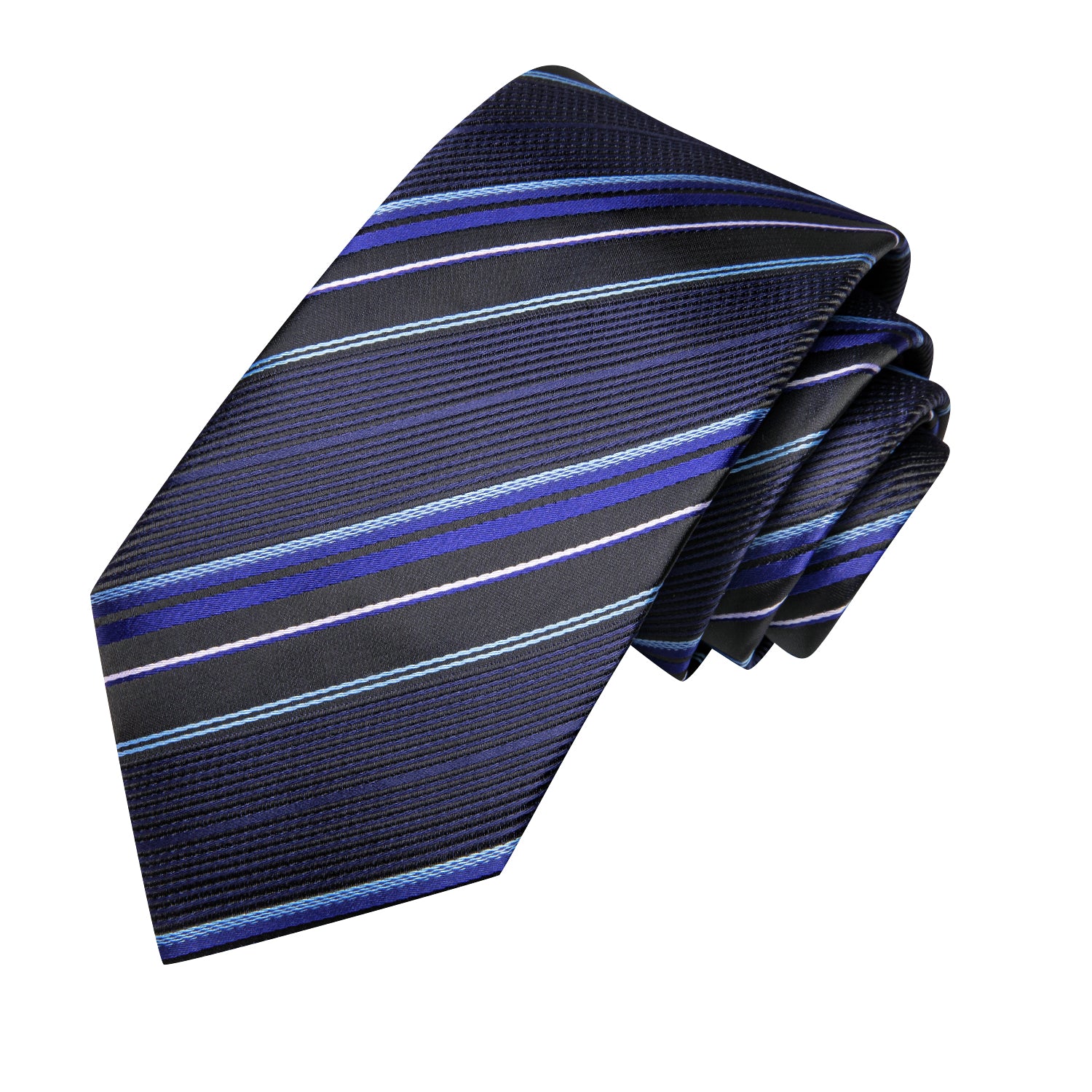 Black Blue Mens Necktie Striped Tie Pocket Square Cufflinks Set