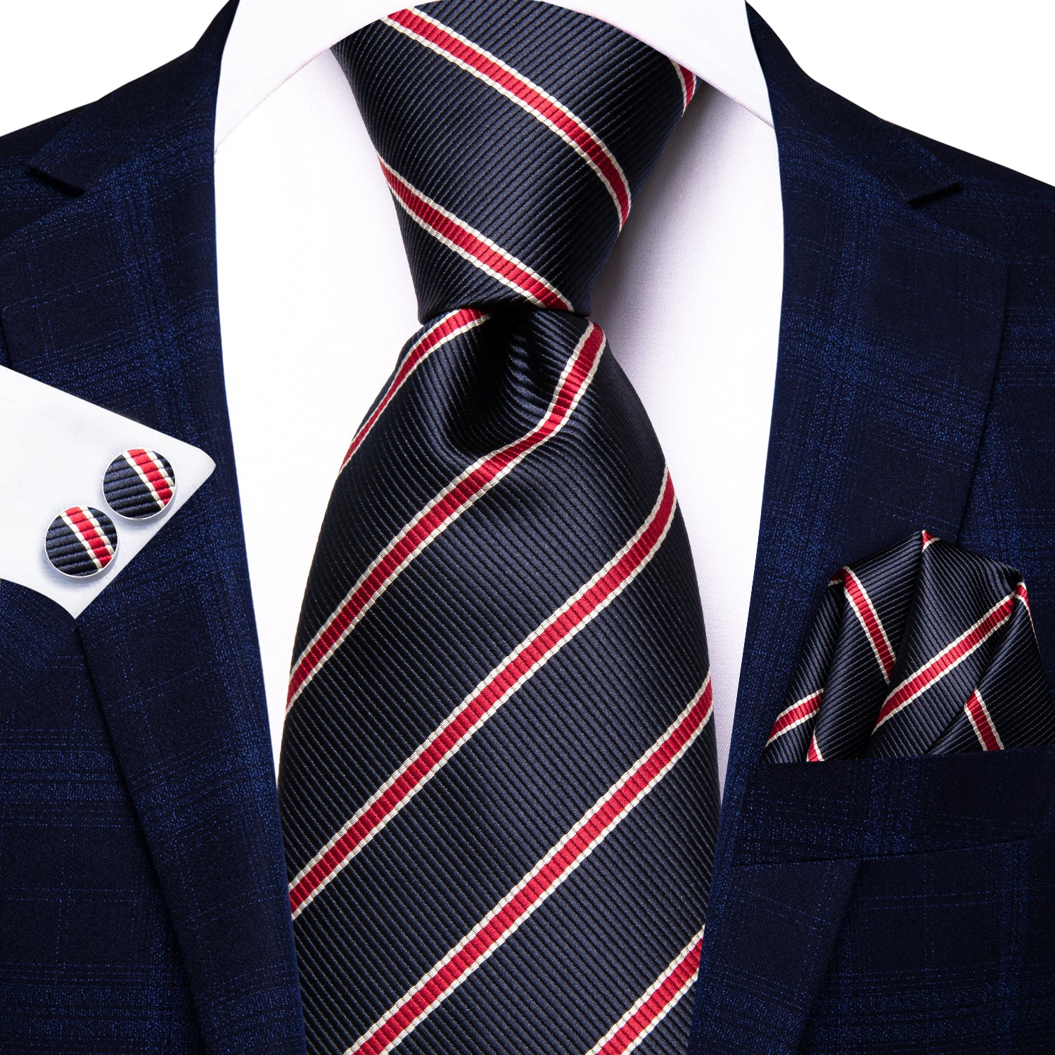 Dark Blue Necktie Red Striped Tie Pocket Square Cufflinks Set