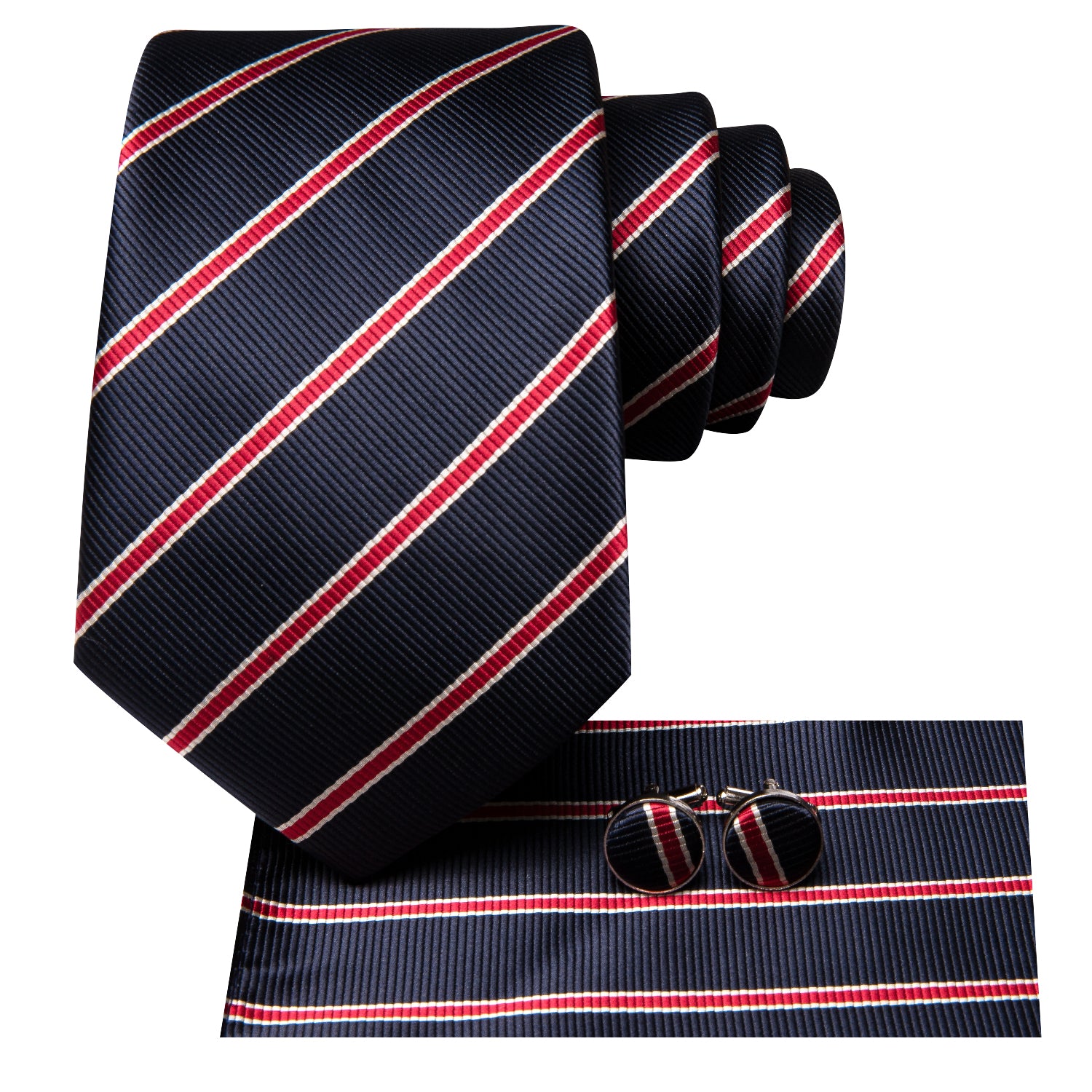 Dark Blue Necktie Red Striped Tie Pocket Square Cufflinks Set