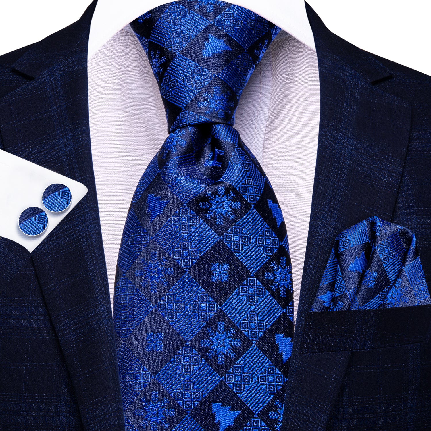 Christmas Ocean Blue Novelty Men's Tie Pocket Square Cufflinks Set